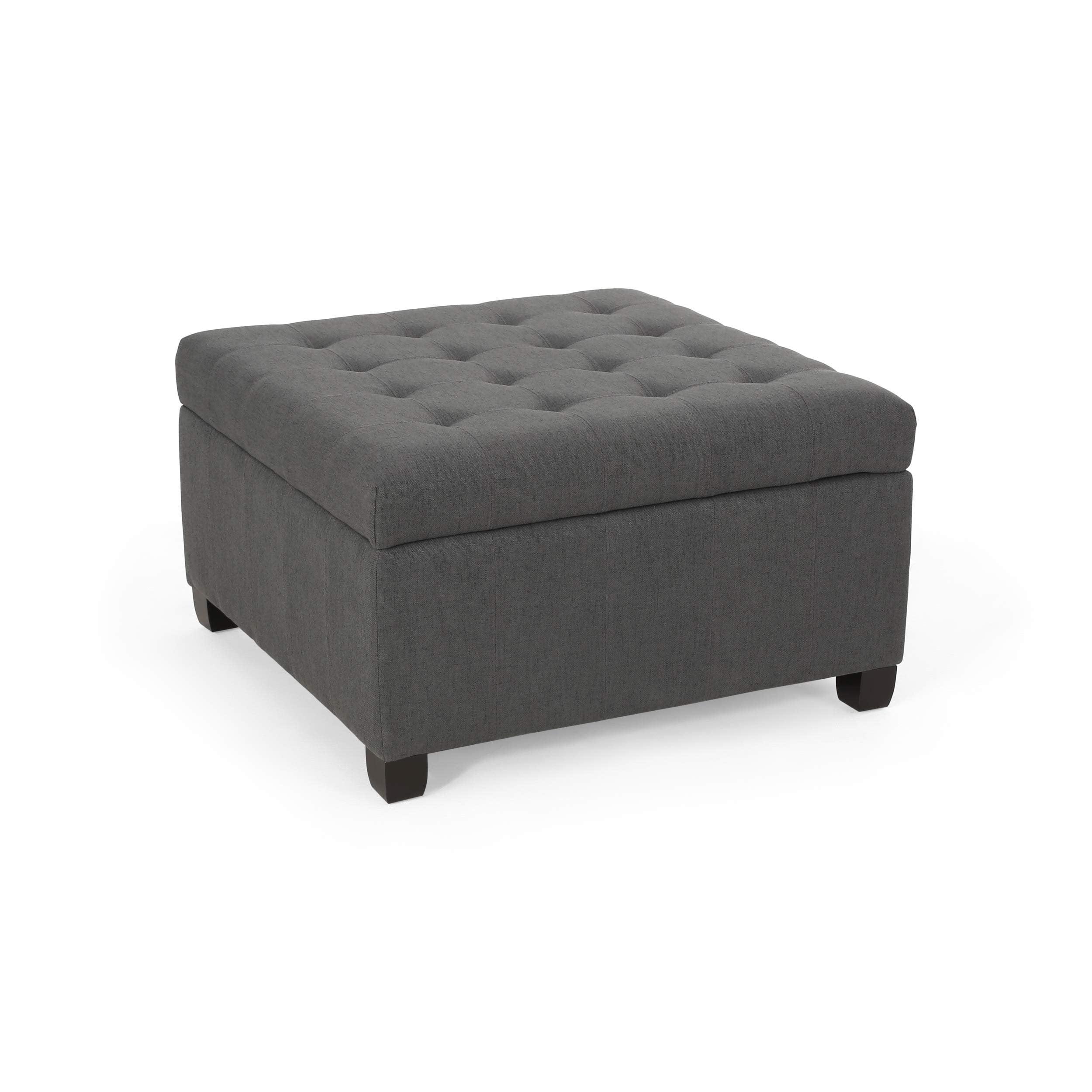 Isabella Contemporary Tufted Fabric Storage Ottoman Dark Gray/Dark Brown - Christopher Knight Home: Upholstered Bench with Wood Legs