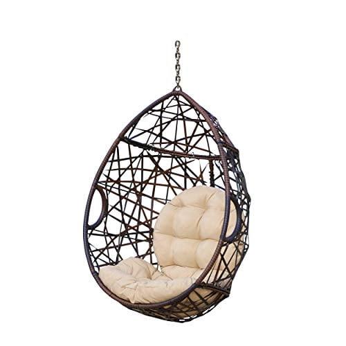 Cayuse Wicker Tear Drop Hanging Chair - Brown/Tan - Christopher Knight Home: Outdoor Patio Swing with Cushion