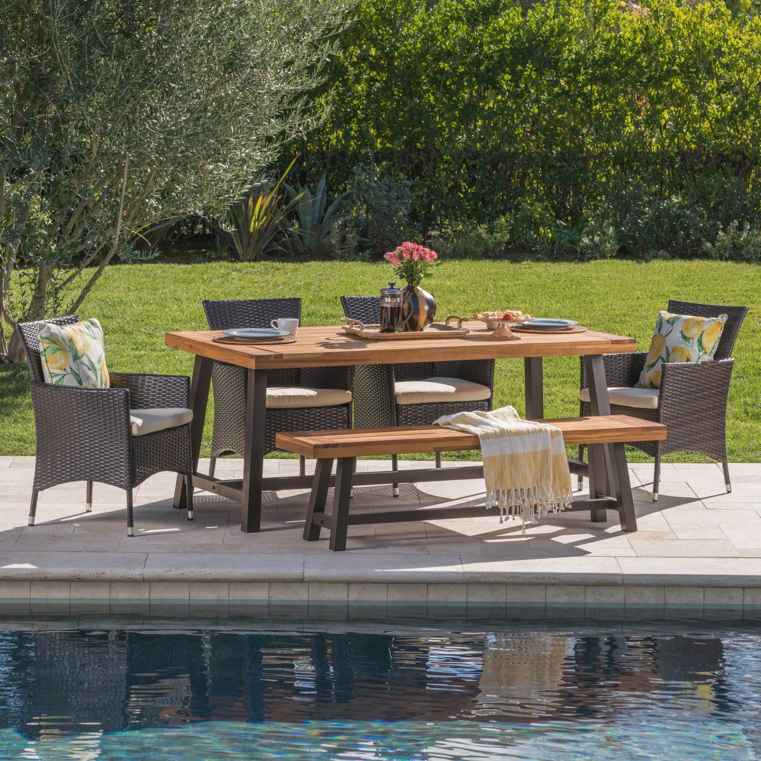 6-Piece Sandblast Black Acacia Wood and Wicker Outdoor Dining Set