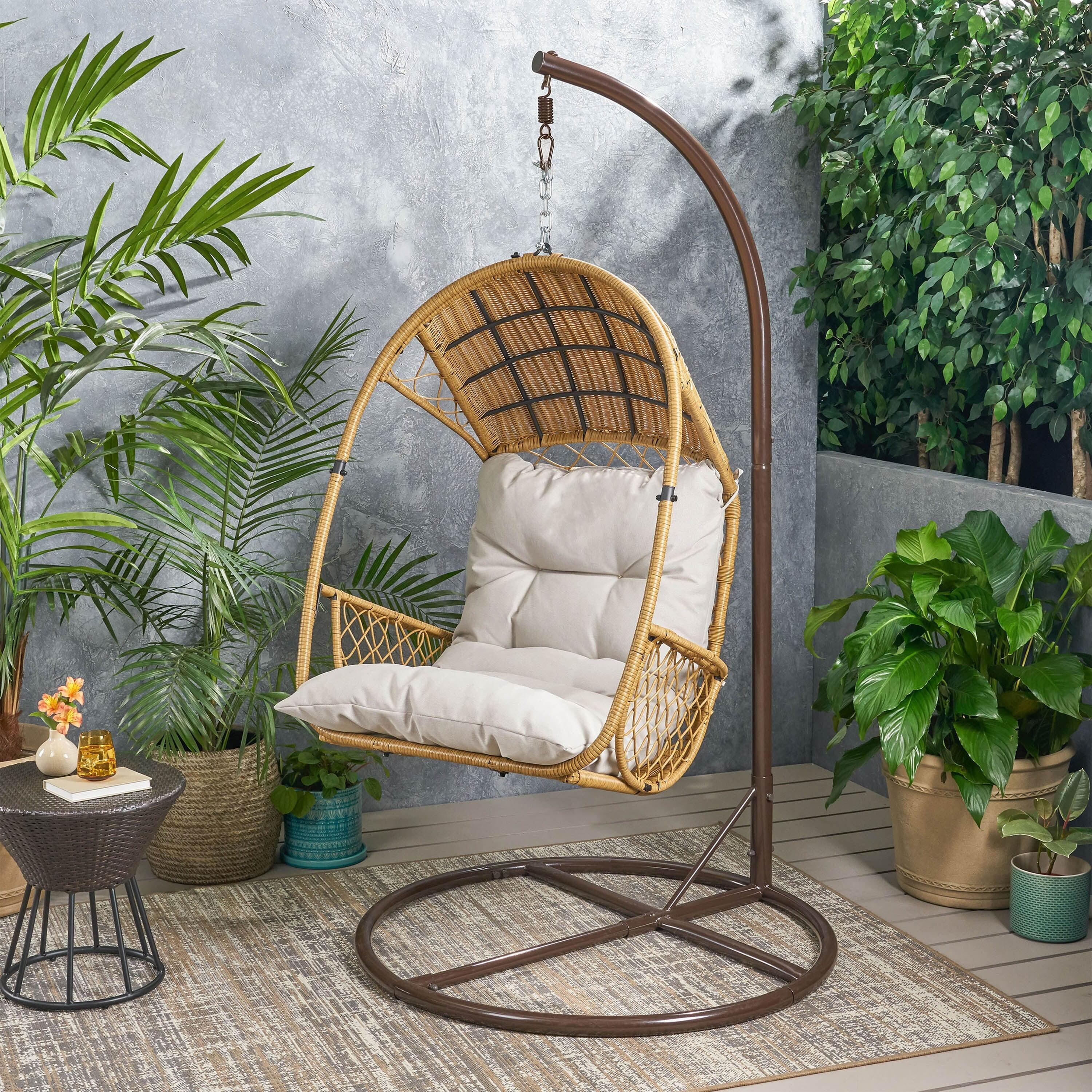 Malia Outdoor Wicker Hanging Chair with Stand Brown/Beige - Christopher Knight Home: Egg Swing with Cushion & Steel Frame