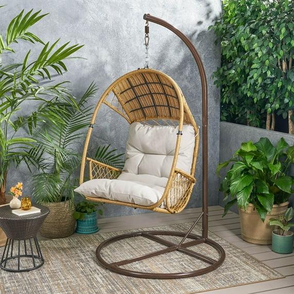 Malia Outdoor Wicker Hanging Chair with Stand Brown/Beige - Christopher Knight Home: Egg Swing with Cushion & Steel Frame