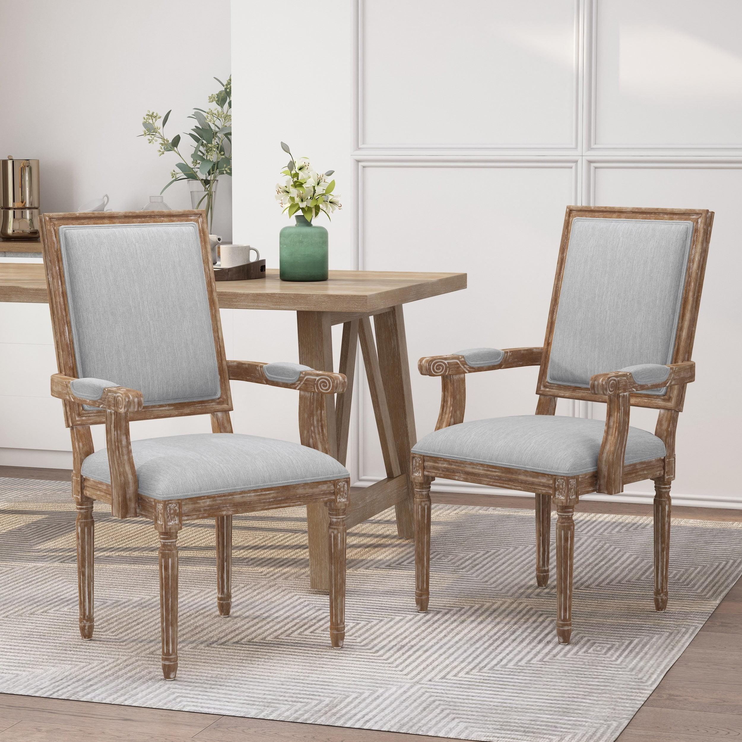 Light Gray Upholstered French Country Arm Chairs with Natural Wood Frame