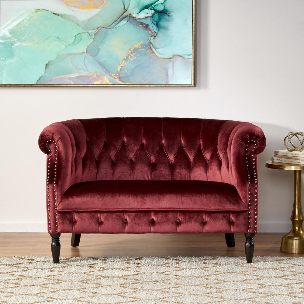 Milani Scroll Arm Loveseat Garnet: Tufted, Nailhead Trim, Polyester Upholstery - Christopher Knight Home