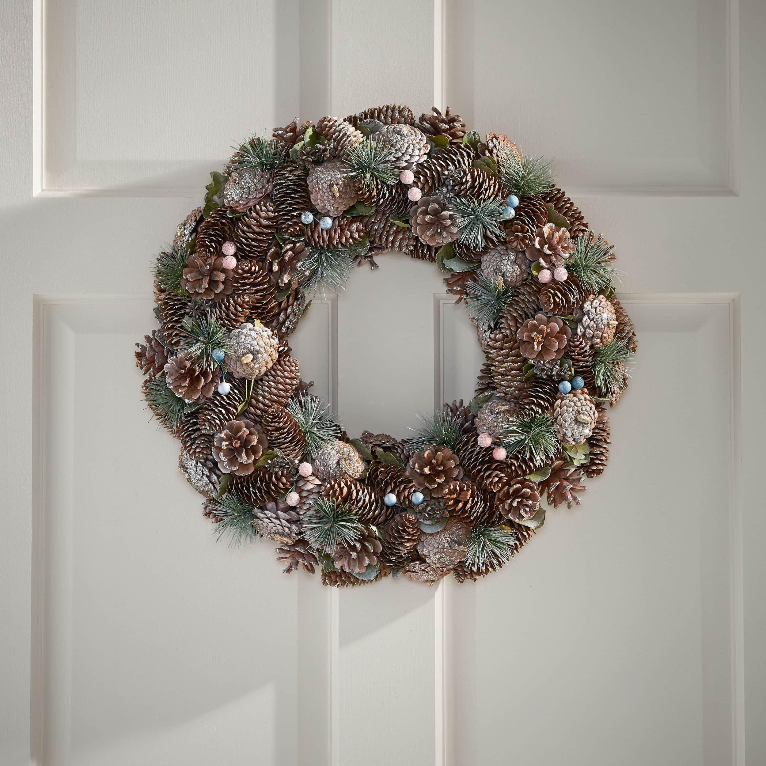 Christopher Knight Home Modern 18.5" Pine Cone and Glitter Artificial Christmas Wreath, Natural and White by