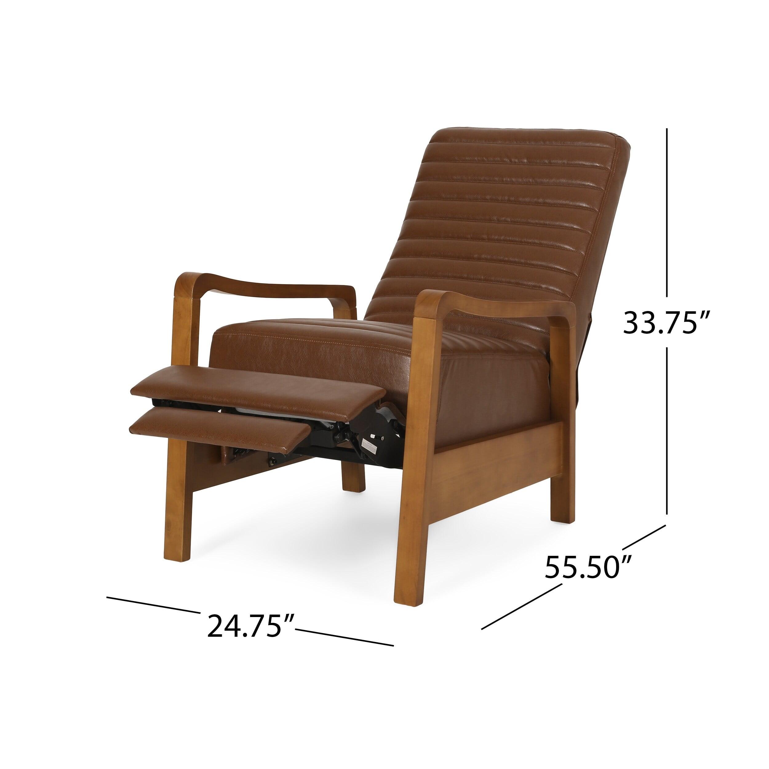 Munro Cognac Brown Faux Leather Recliner with Teak Wood Frame