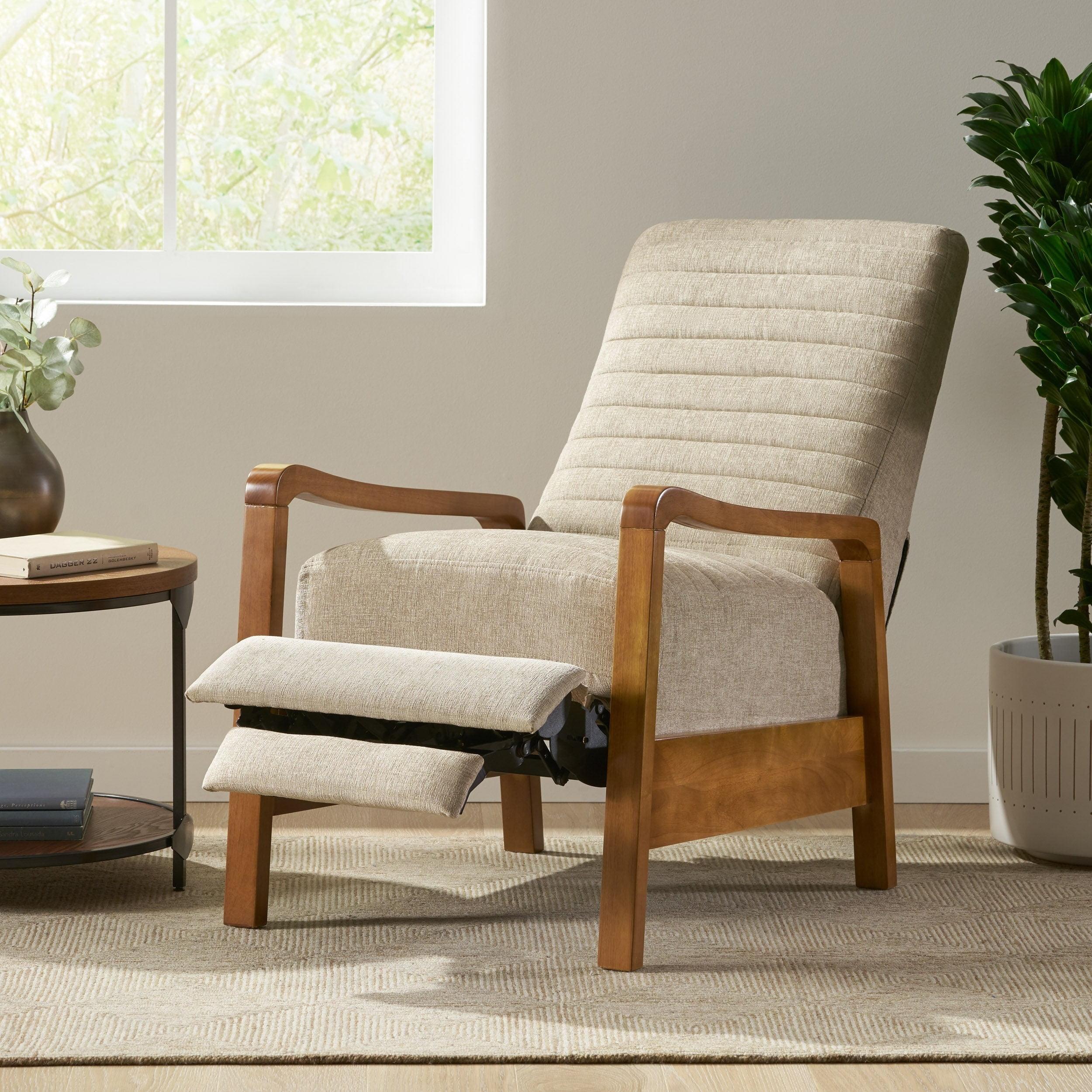 Munro Contemporary Fabric Channel Stitch Pushback Recliner Sand/Teak - Christopher Knight Home: Mid-Century Design, Rubberwood Frame
