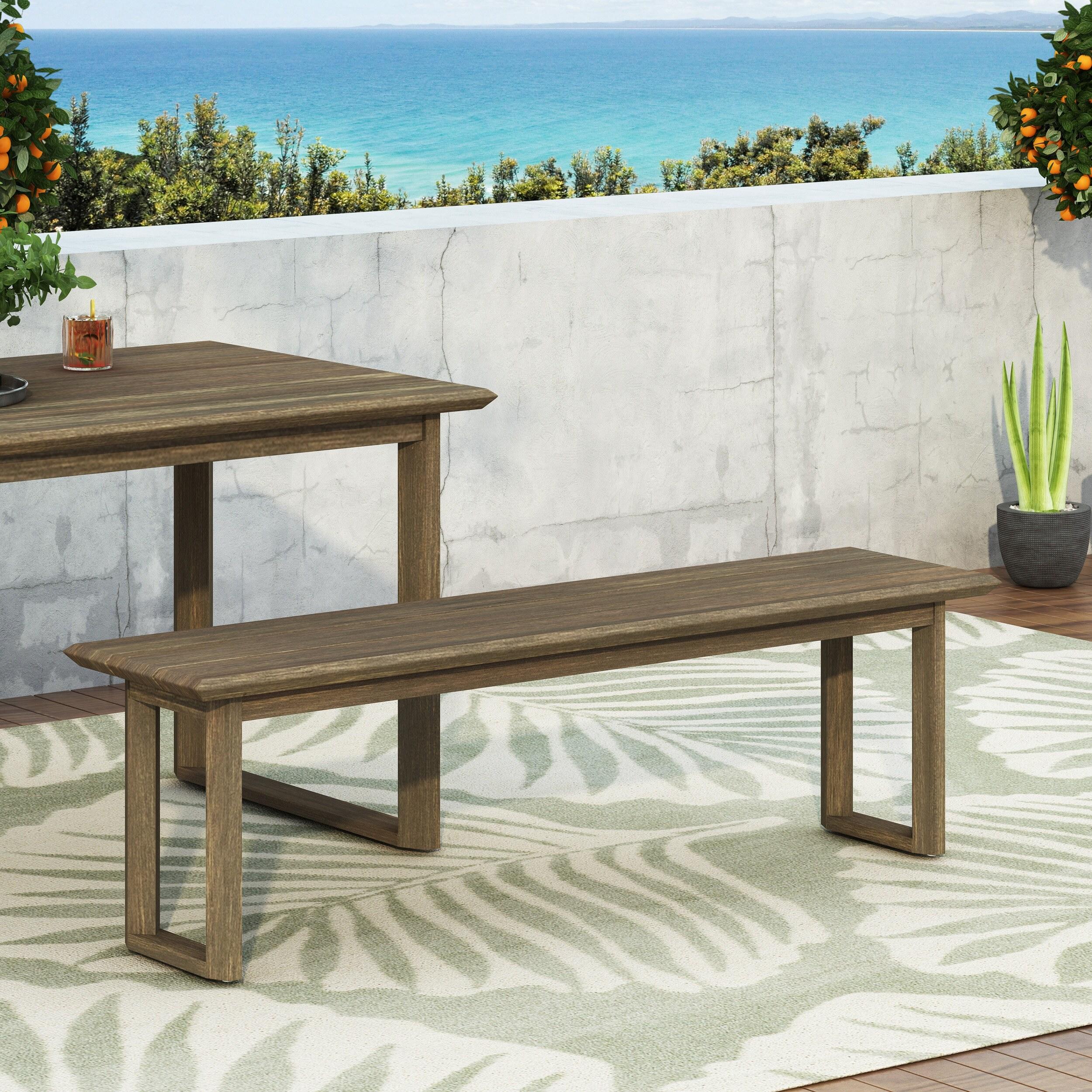 Gray Acacia Wood Outdoor Dining Bench with Sled Legs