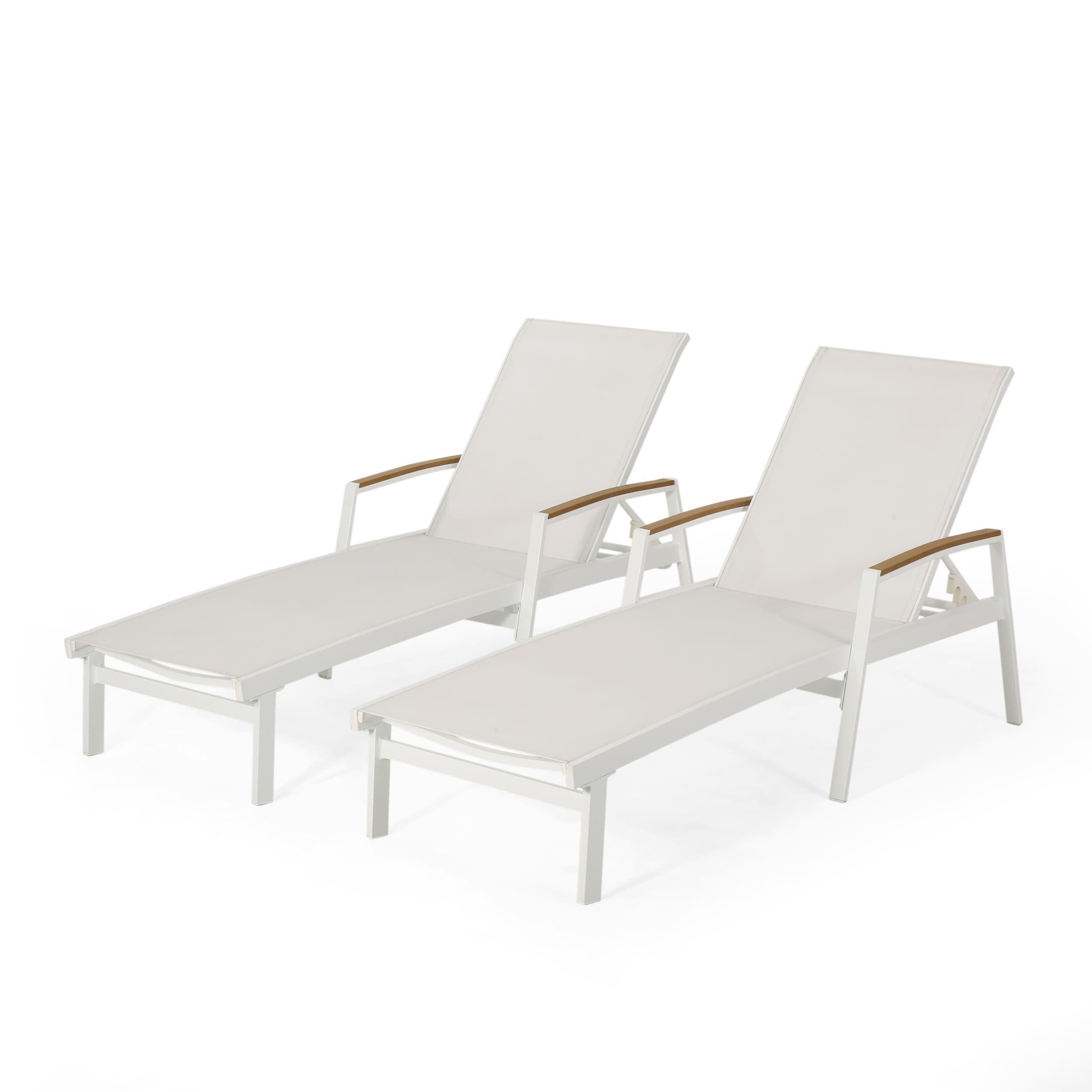 White Aluminum Outdoor Chaise Lounger Set with Mesh Seating