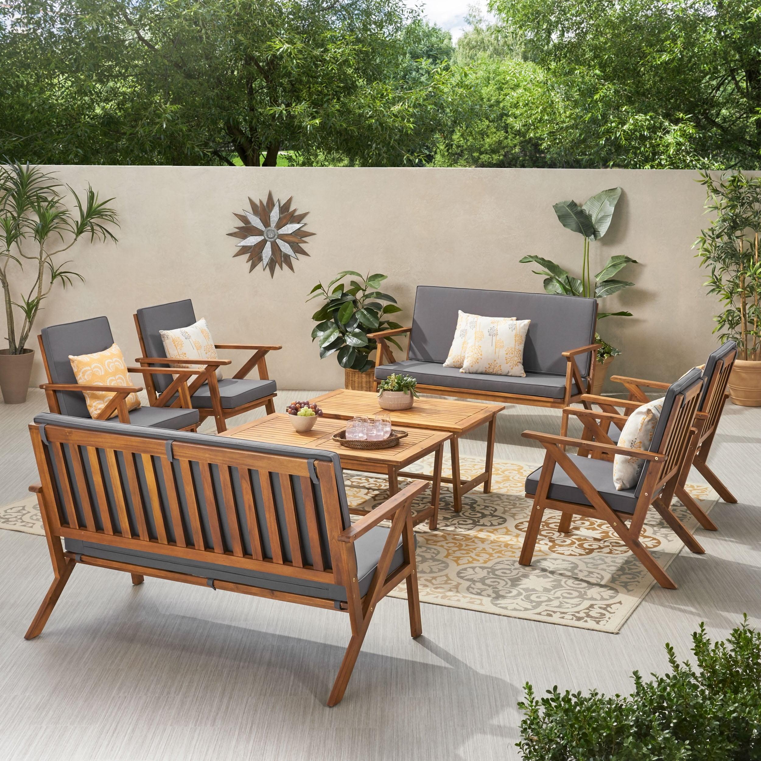 Panama 8-Piece Dark Gray and Teak Acacia Wood Outdoor Chat Set