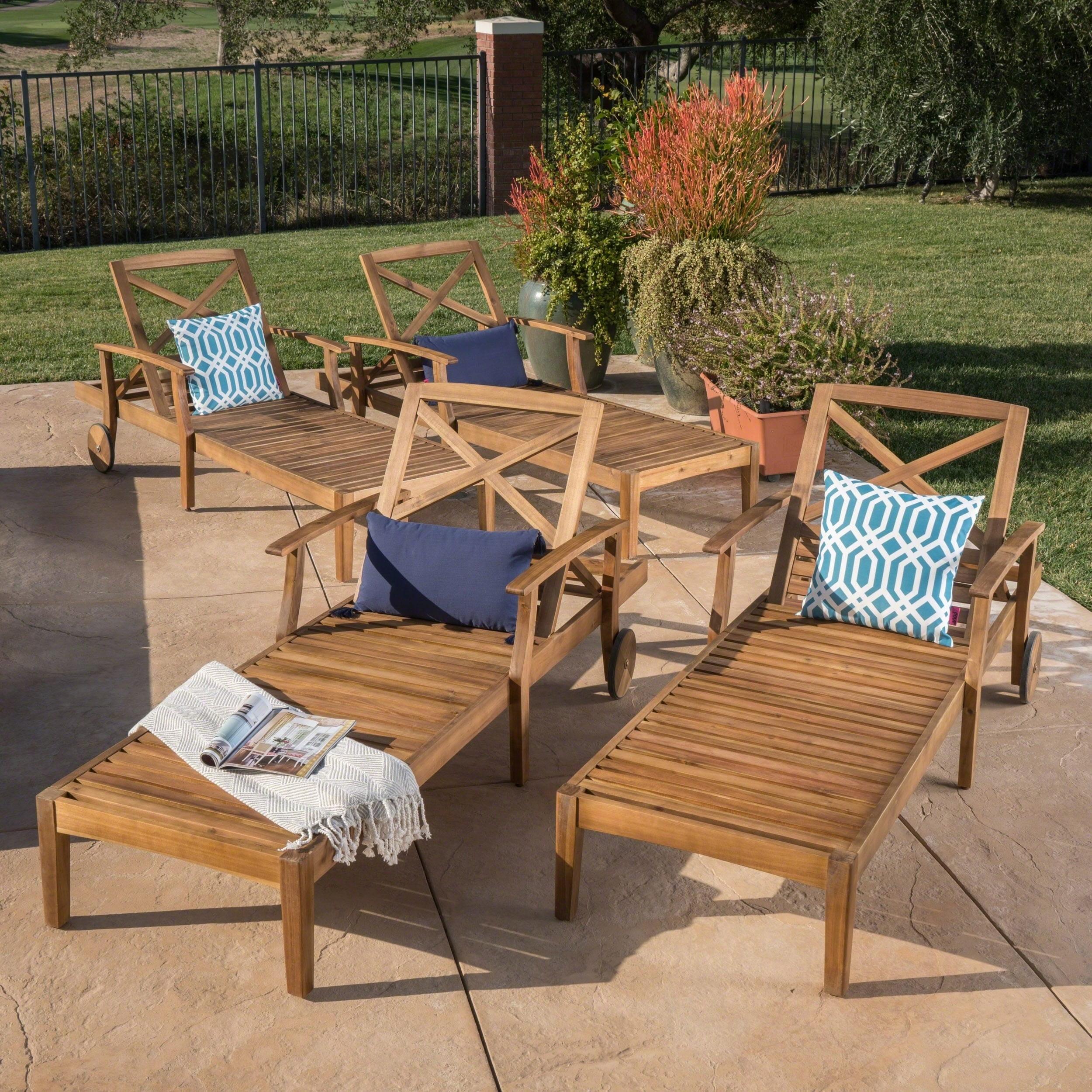 Perla 4pk Acacia Chaise Lounge - Teak - Christopher Knight Home: Outdoor Patio Furniture, Wheels, Water-Resistant