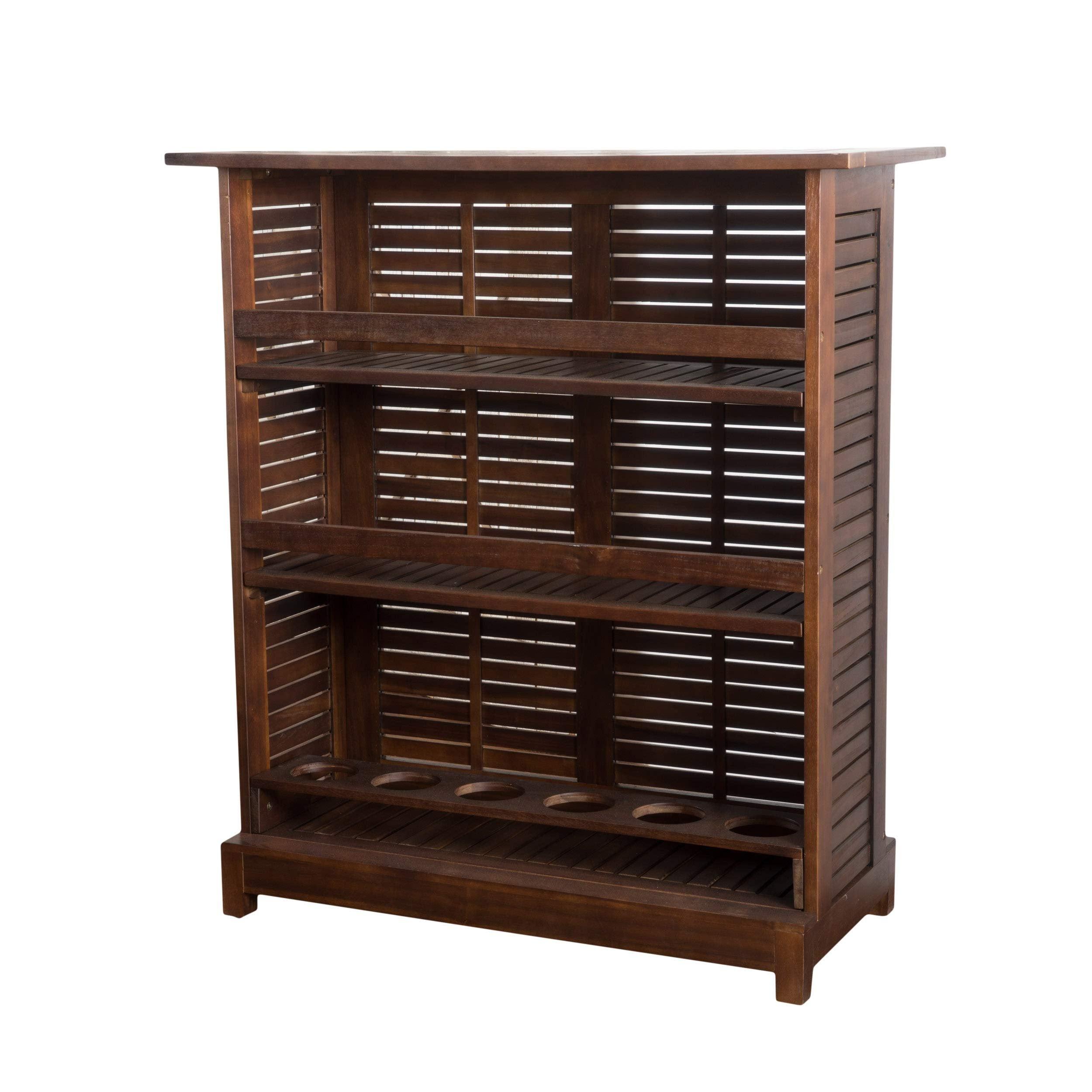 Rich Mahogany Acacia Wood Outdoor Bar Table with Shelves