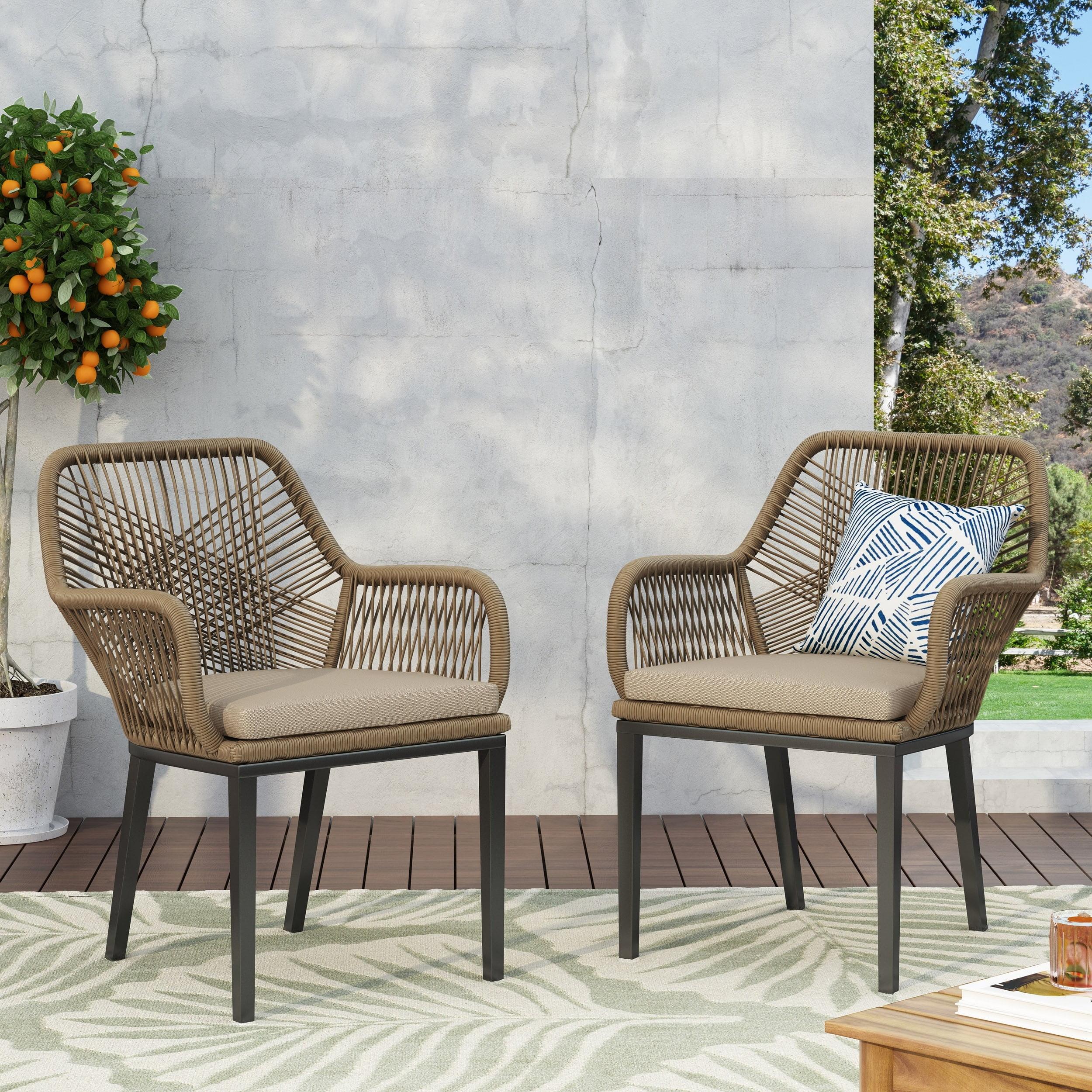 2pk Russel Outdoor Wicker Dining Chairs with Cushions Light Brown/Beige - Christopher Knight Home: Weather-Resistant Iron Frame