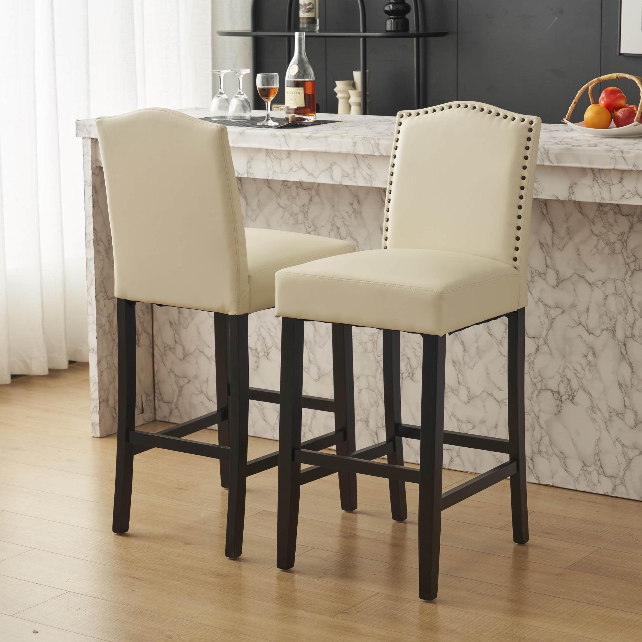 Christopher Knight Home Transitional 30.75" PU Upholstered Bar Stools with Solid Wood Frame, Beige, Set of 2