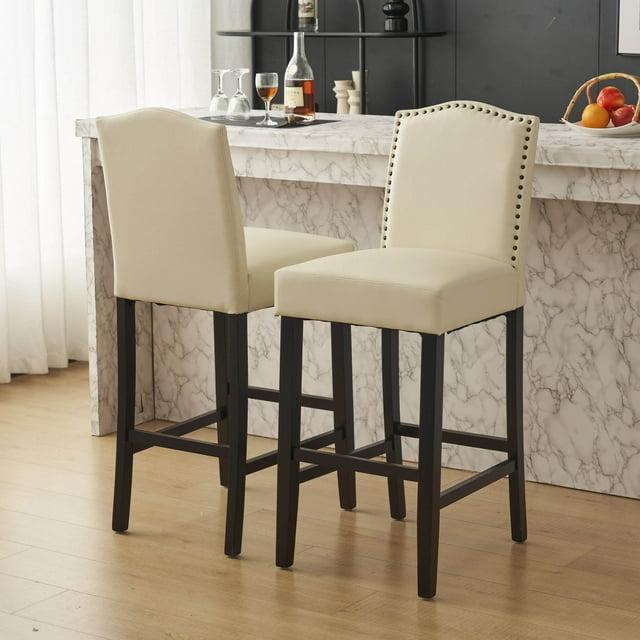 Christopher Knight Home Transitional 30.75" PU Upholstered Bar Stools with Solid Wood Frame, Beige, Set of 2