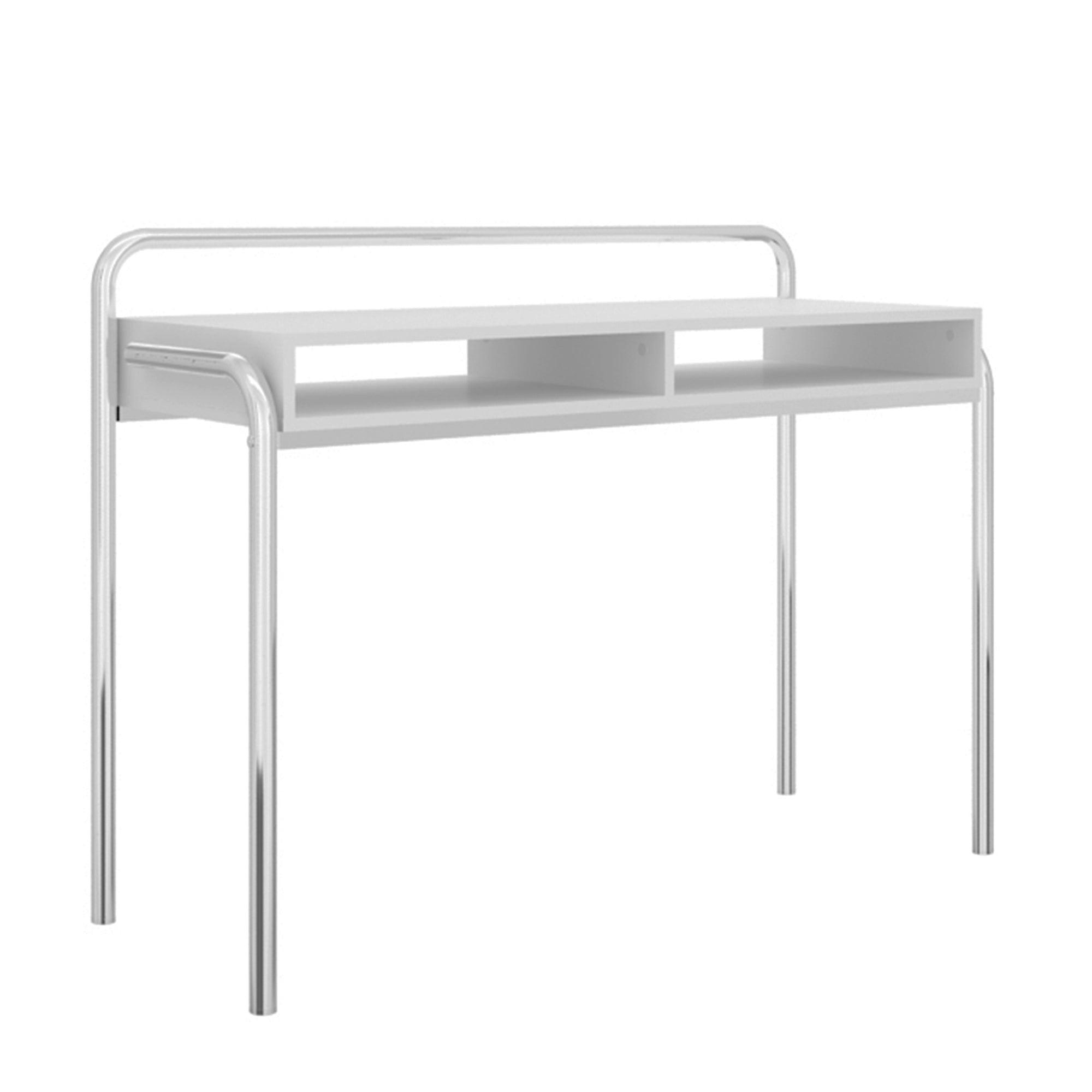 Sleek White Office Desk with Chrome Frame and Adjustable Height