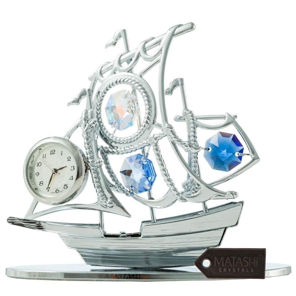 Chrome Plated Sailboat Ornament with Blue Crystal Clock