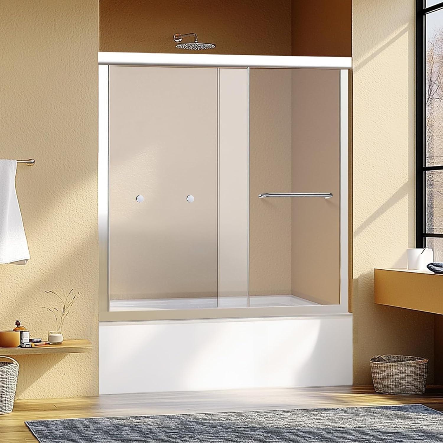 Chrome Semi-Frameless Double Sliding Bathtub Shower Door, 60" W x 58" H