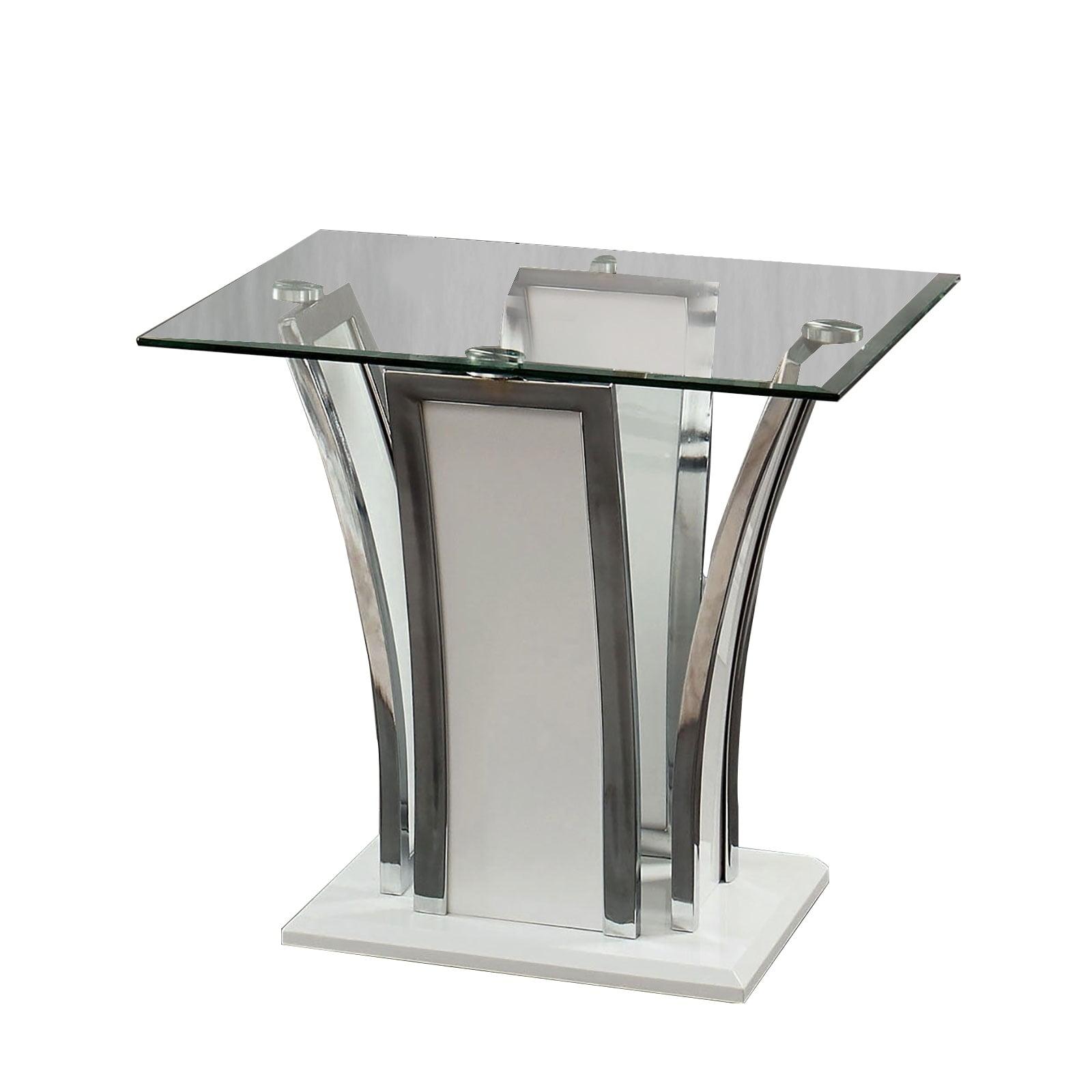 Modern Chrome-Trimmed White Glossy End Table with Beveled Glass Top