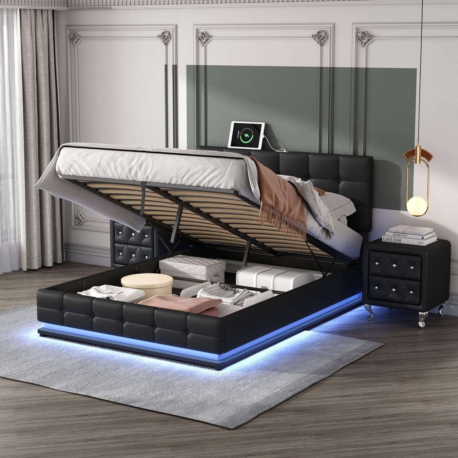 Harper & Bright Designs 3 Pieces Bedroom Sets Queen Size Upholstered Platform Bed with Gas Lift up Storage, LED Lights and USB Charger, PU Tufted Queen Bed with Hydraulic Storage System, Black