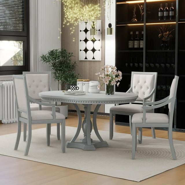 Harper & Bright Designs Farmhouse Dining Set for 4, Wood Kitchen Extendable Round Dining Table Set with 4 Upholstered Chairs, Antique Gray