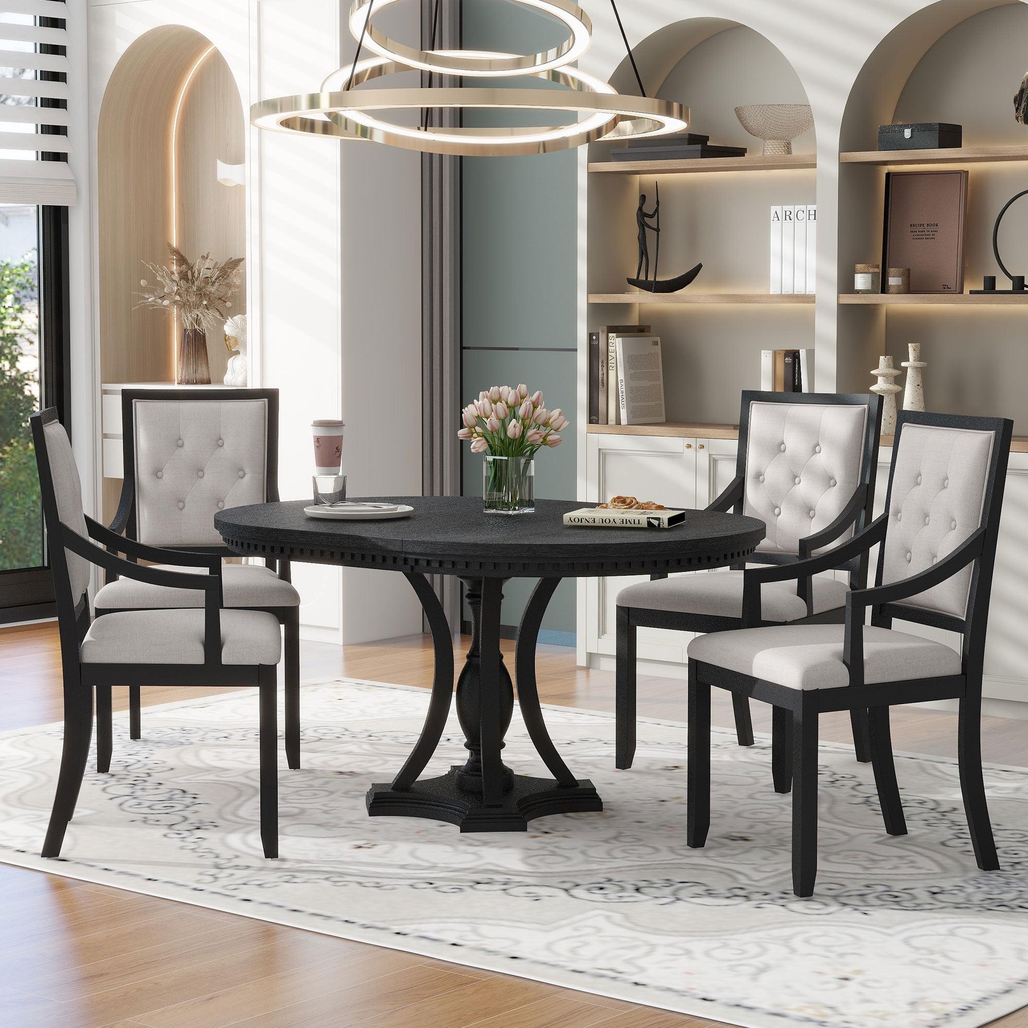 Churanty Farmhouse Dining Set for 4,Wood Kitchen Extendable Round Dining Table Set with 4 Upholstered Chairs,Black