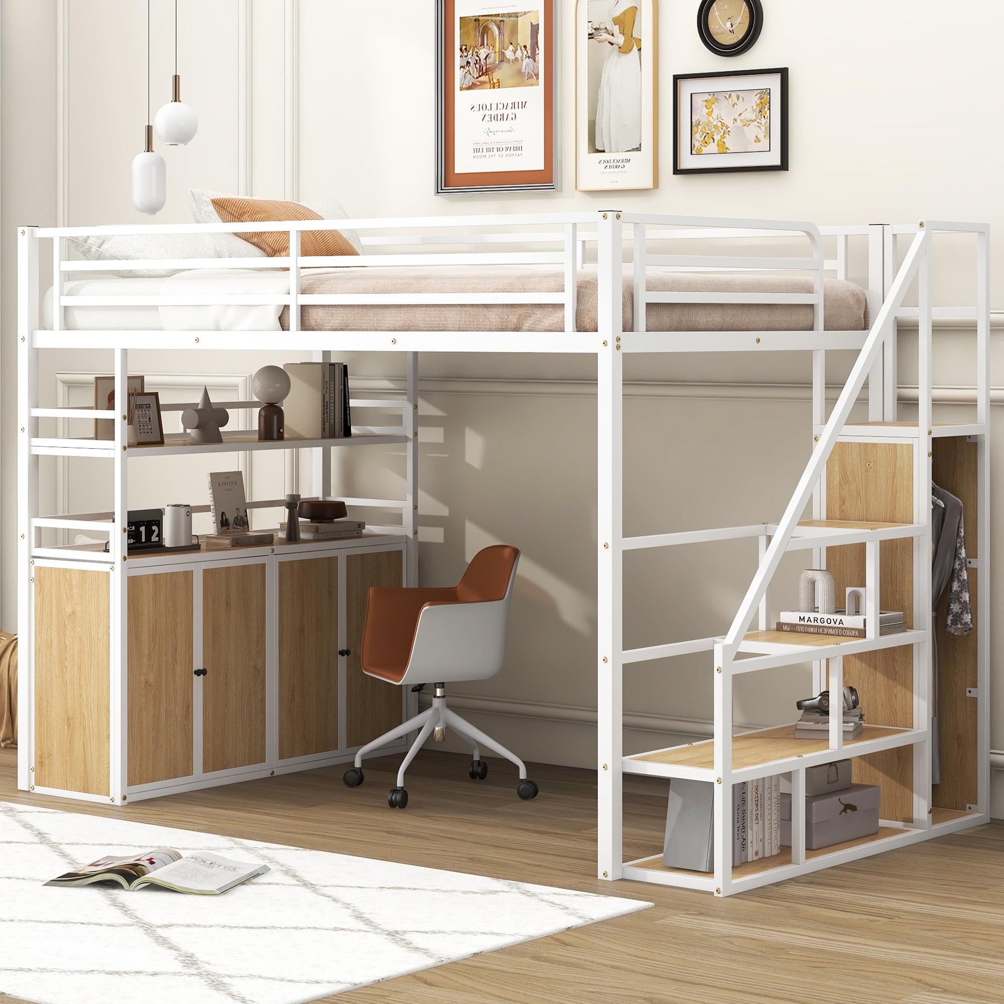 Loft Bed Full Size with Stairs,Metal Full Loft Bed with Wardrobe,Heavy Duty High Loft Bed with Shelves and Storage Lockers for Teens, Adults, Space Saving,White