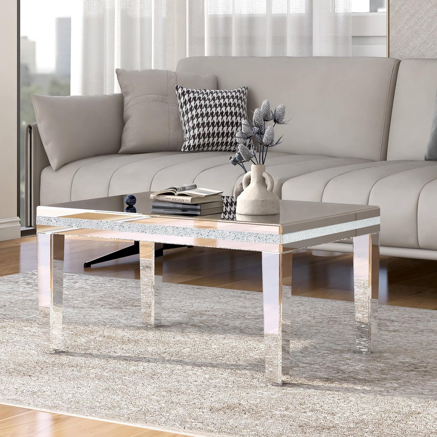 Churanty Glass Mirrored Coffee Table Modern Cocktail Table with Crystal Design and Adjustable Height Legs,Silver