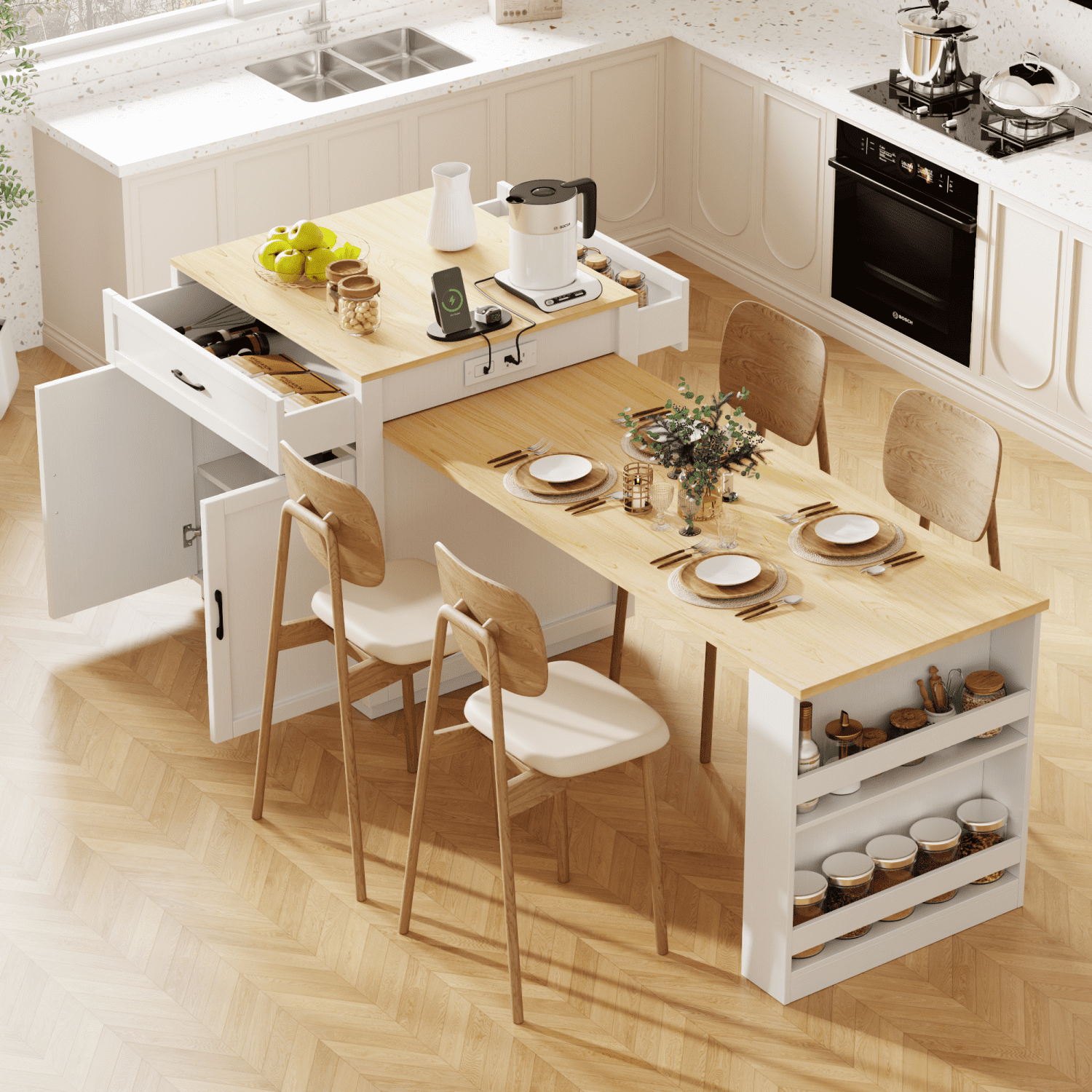 Harper & Bright Designs Isla de Cocina con Mesa de Comedor Extensible para 4-6 Personas, Mesa de Cocina de Imitación Mábil con Toma de Corriente, Isla de Cocina con Cajones de Almacenamiento y Estantes, Roble Blanco