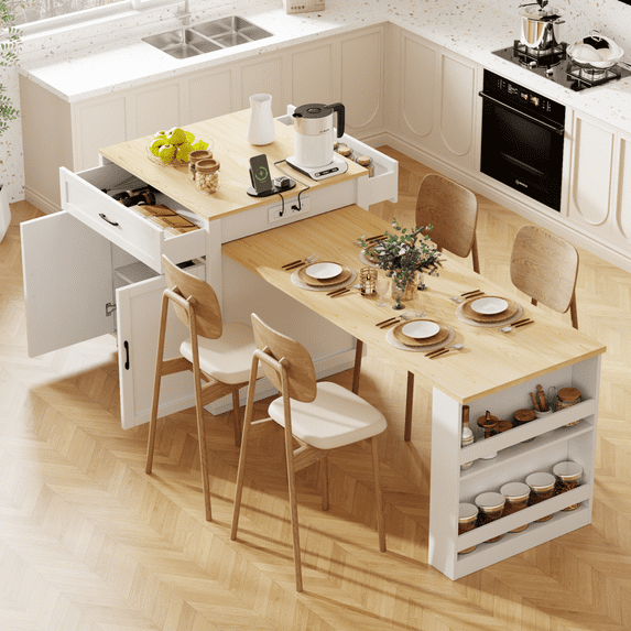 Harper & Bright Designs Isla de Cocina con Mesa de Comedor Extensible para 4-6 Personas, Mesa de Cocina de Imitación Mábil con Toma de Corriente, Isla de Cocina con Cajones de Almacenamiento y Estantes, Roble Blanco