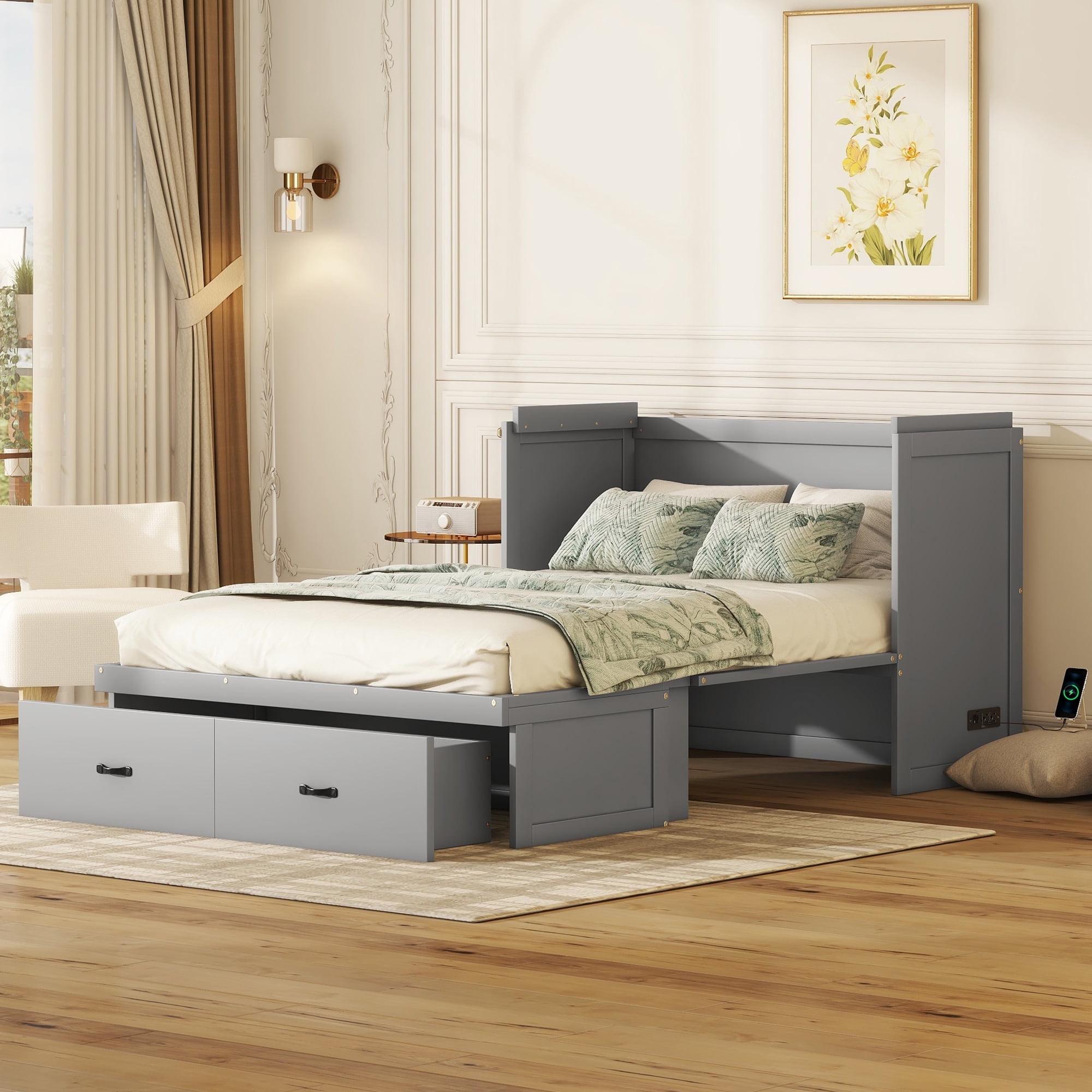 Churanty Murphy Bed Cabinet Full, Wood Mobile Murphy Chest Bed with USB Ports and Storage Drawers,Gray