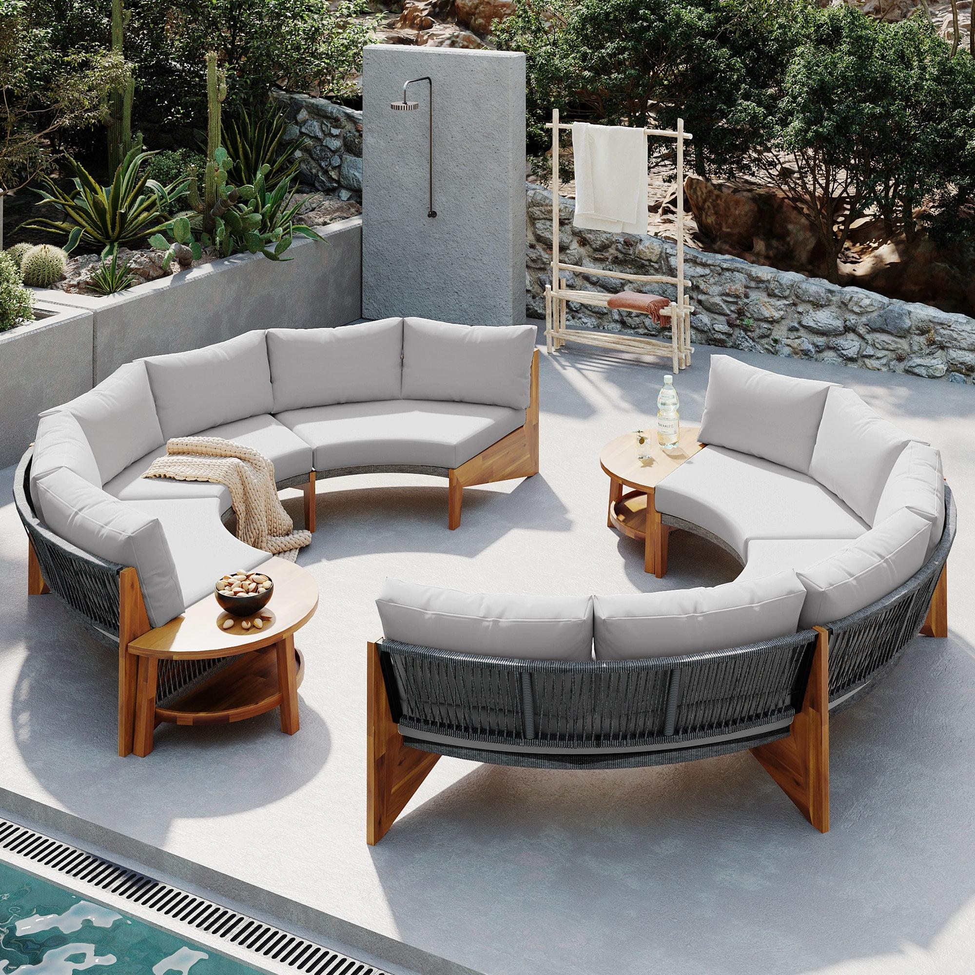 Churanty Patio Outdoor Round Conversation Set,Wood Half Moon Outdoor Sectional Sofa for 6,3 Piece Seating Group with Cushions and a Coffee Table for Patio Garden Poolside, Gray