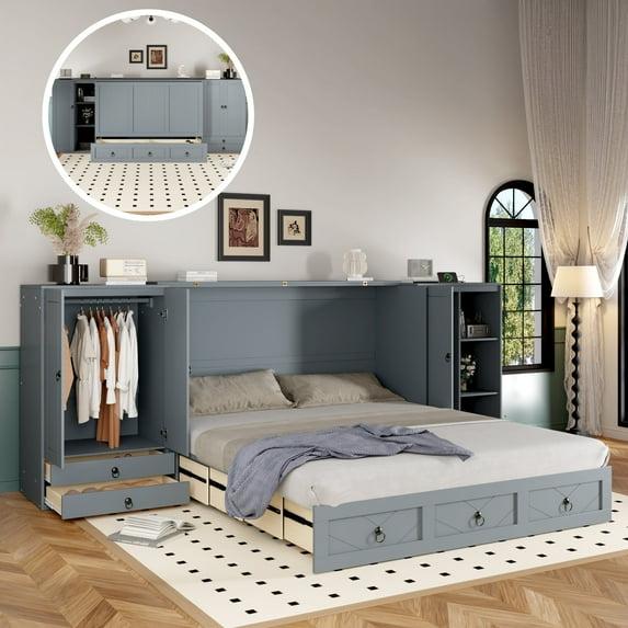 Harper & Bright Designs Queen Size Murphy Bed with 2 Side Cabinets, Folding Wall Bed Chest with USB Port, Wardrobes & Drawers for Guest Room, Gray