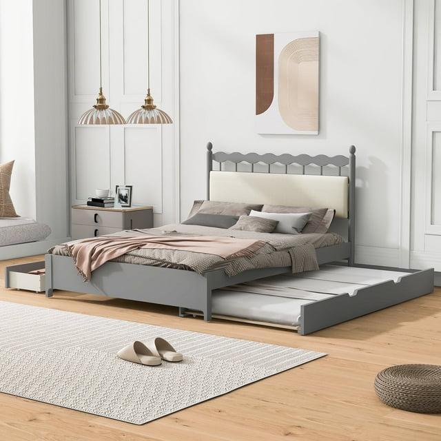 Harper & Bright Designs Queen Size Platform Bed with Trundle, Queen Wooden Bedframe with 2 Big Storage Drawers, Gray