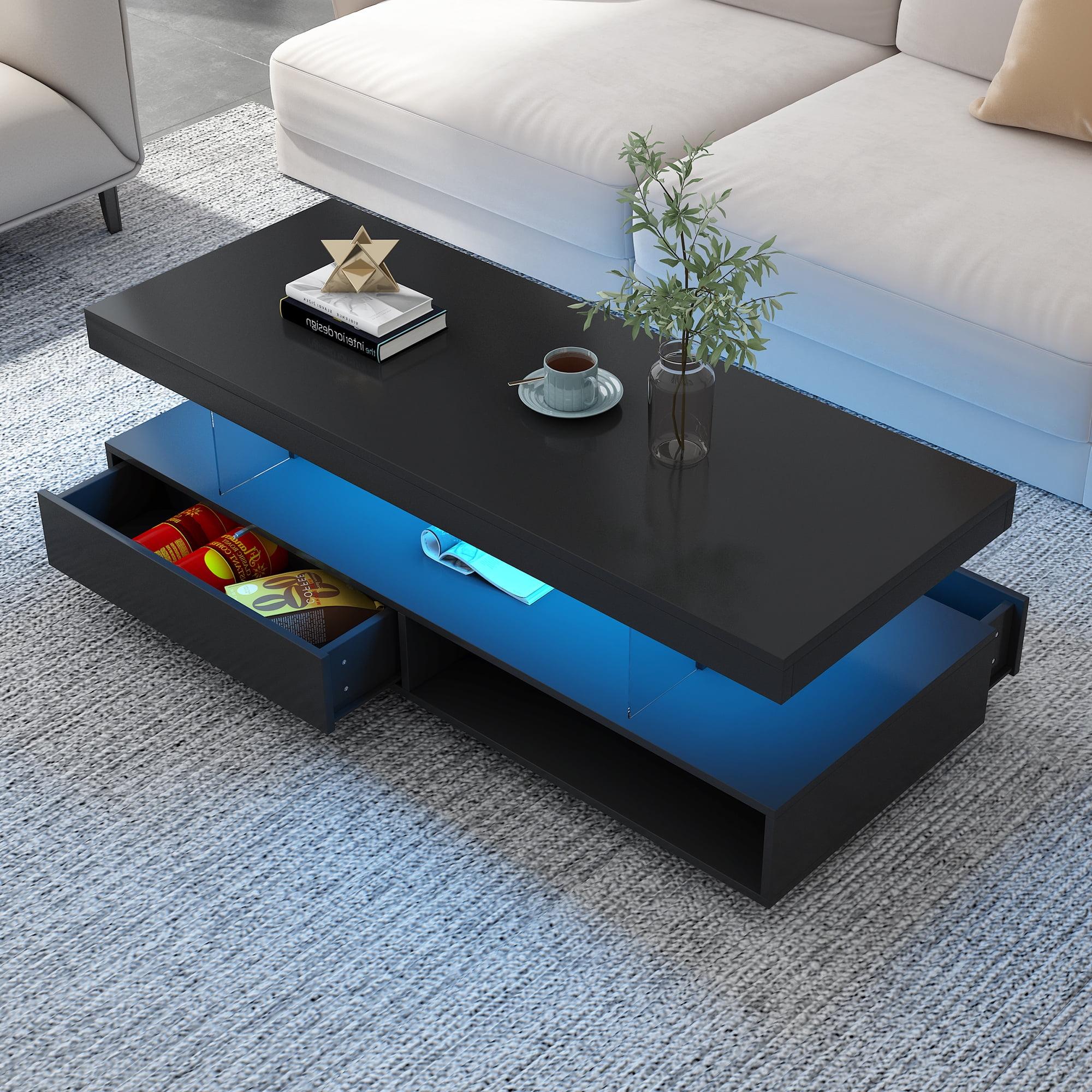 Black High Gloss LED Coffee Table with Storage and Drawers