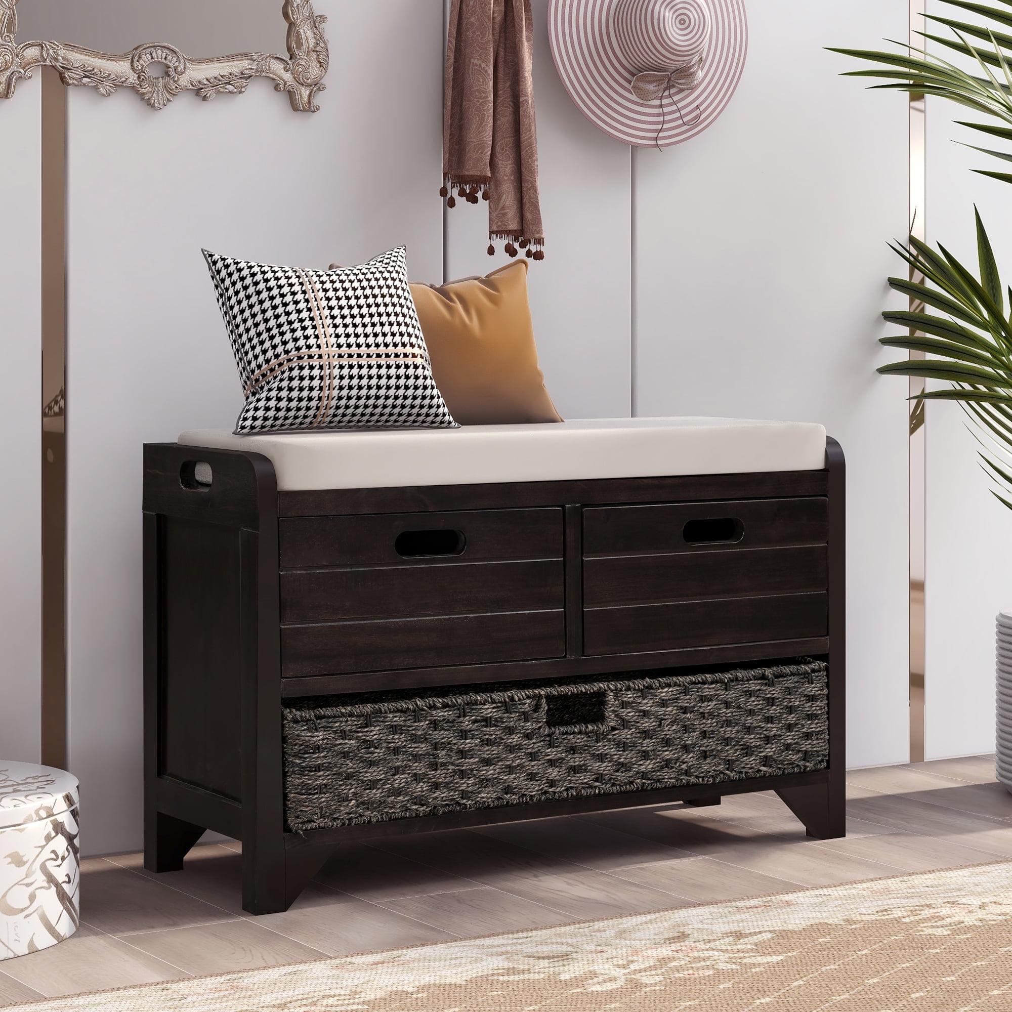 Harper & Bright Designs Storage Bench with Cushion and Rattan Basket, Shoe Bench with Storage Drawer for Hallway Entryway, Espresso
