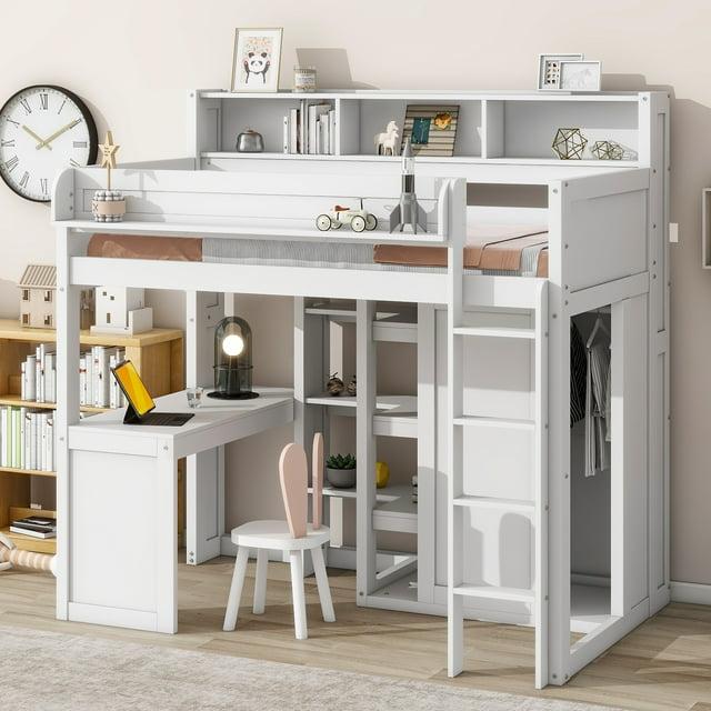 Harper & Bright Designs Twin Size Loft Bed with Storage Shelves and Wardrobe, Wood Loft Bed with Built-in Desk and Staircase for Adults Boys Girls, Space Saving