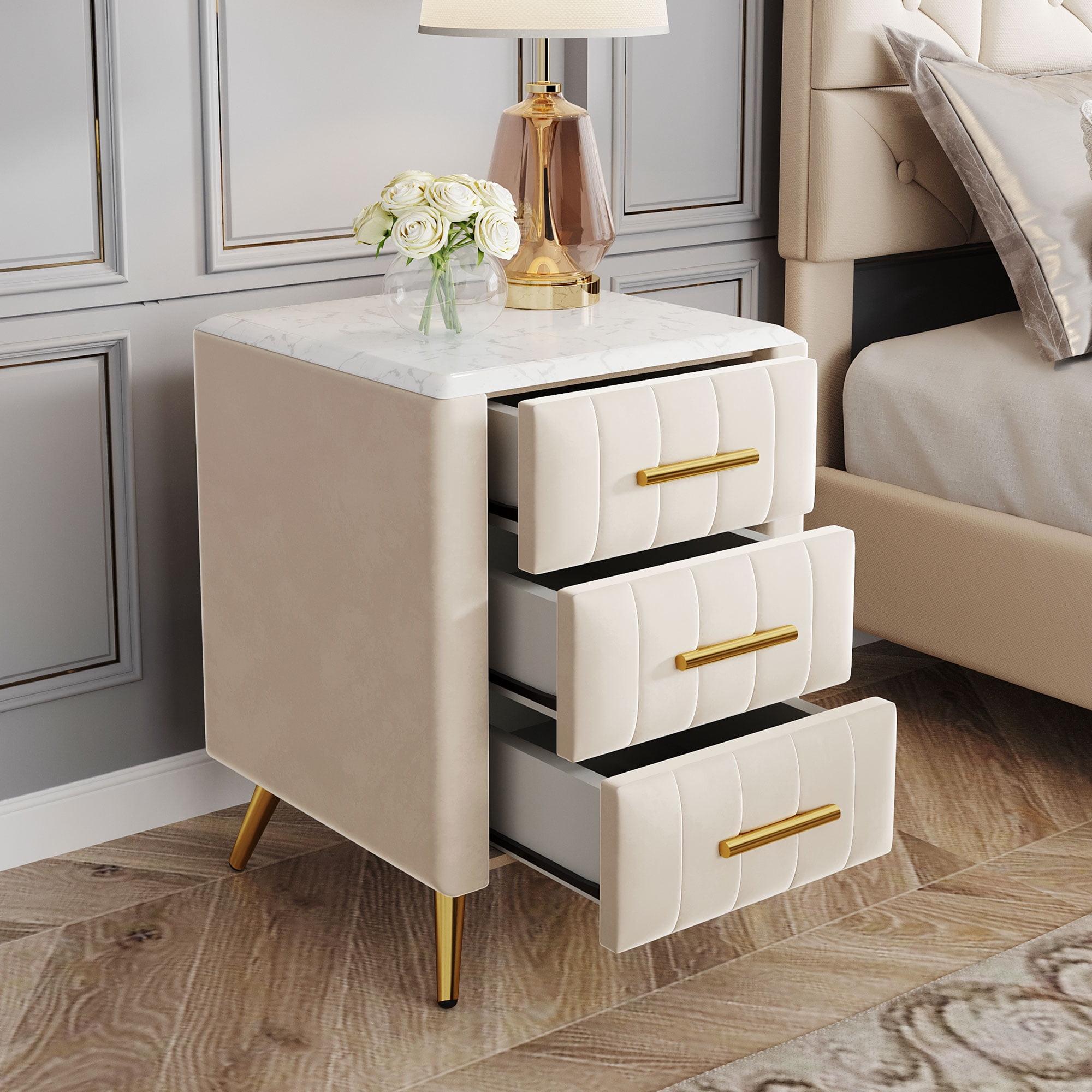 Churanty Upholstered Wooden Nightstand with 3 Drawers and Metal Legs & Handles,Bedside Table with Marbling Worktop,Beige