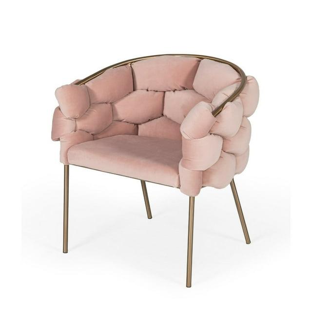 Cid 26 Inch Modern Curved Accent Chair, Deep Bubble Tufted Back, Pink, Gold