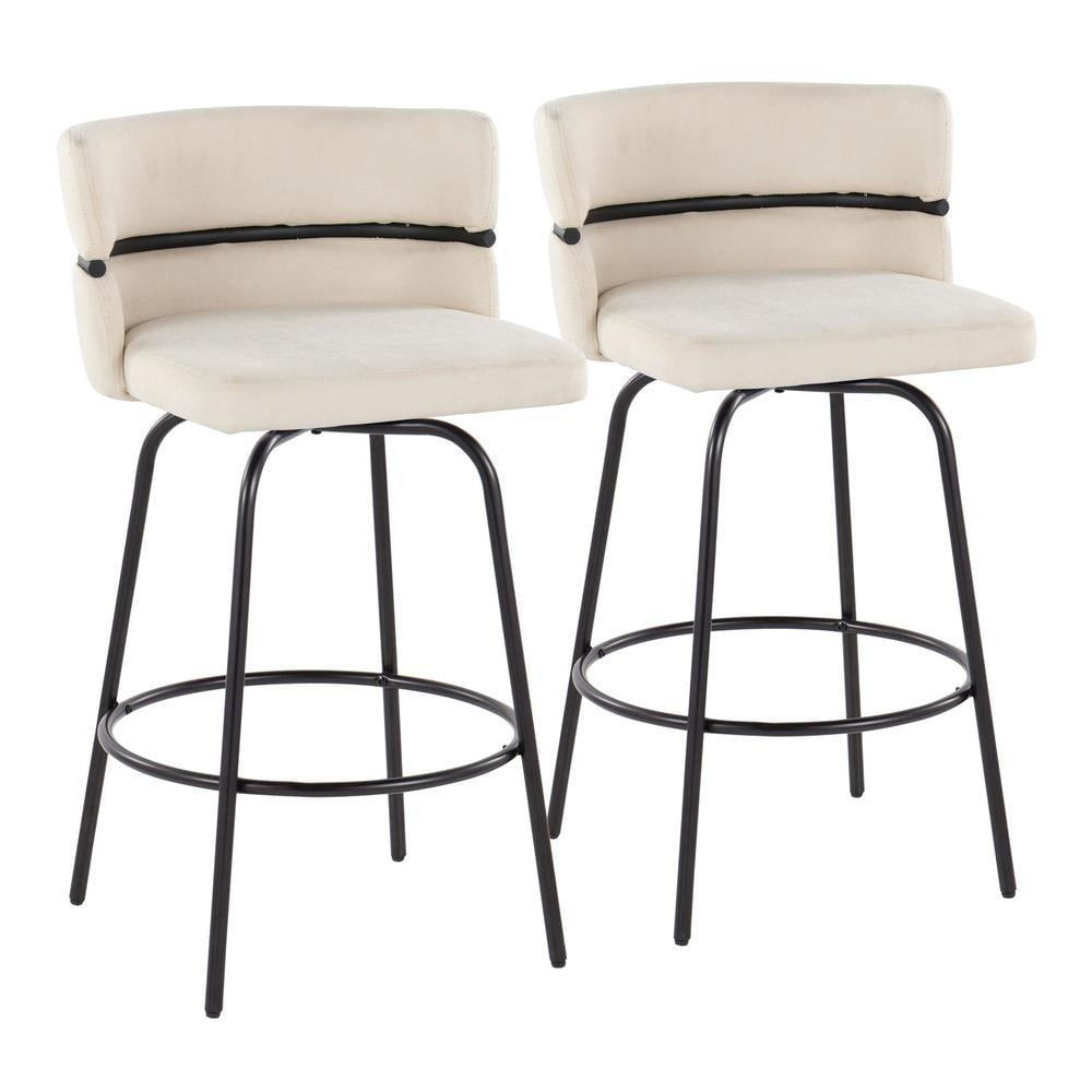 LumiSource Set of 2 Cinch-Claire Counter Height Barstools Black/Cream: Upholstered Swivel Seats, Metal Frame