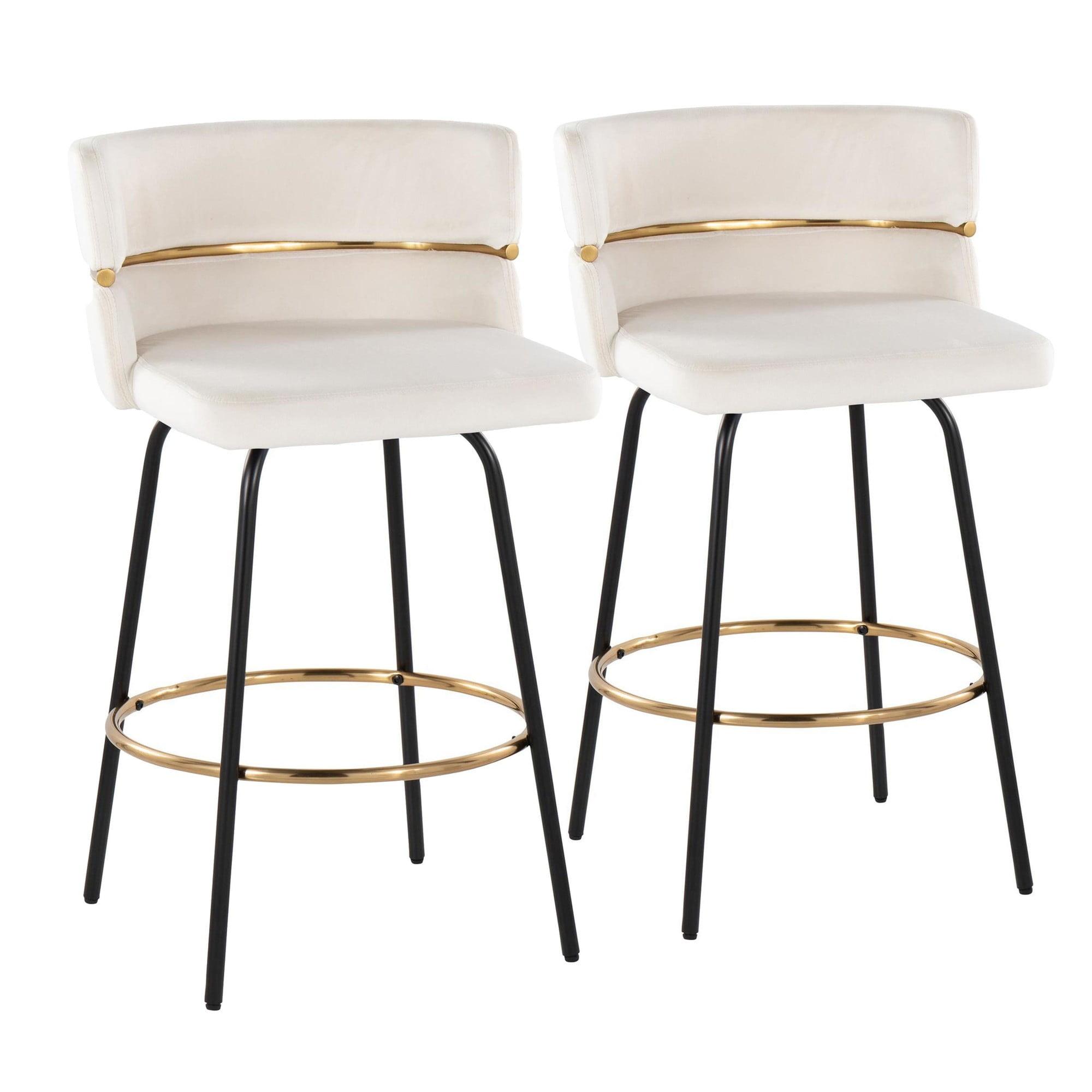 Cinch 26" Contemporary Fixed-Height Counter Stool with Swivel in Black Metal and Cream Velvet with Round Gold Footrest by LumiSource - Set of 2