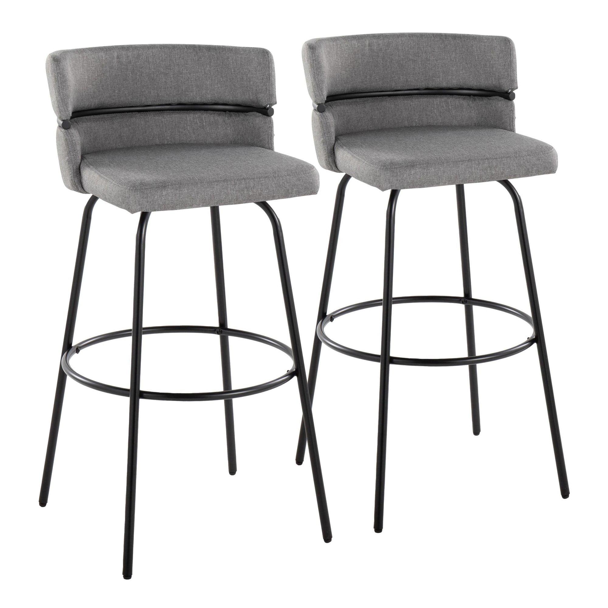 Cinch 30" Glam/art Deco Fixed-Height Barstool with Swivel in Black Metal and Light Grey Fabric with Round Black Metal Footrest by LumiSource - Set of 2