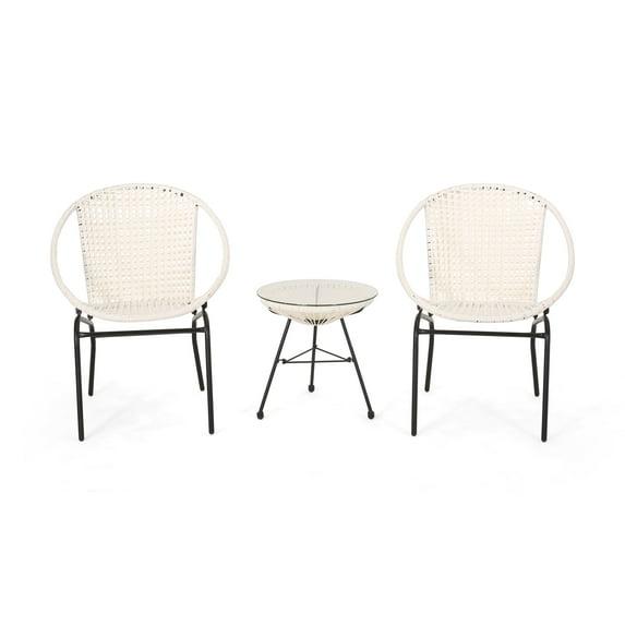 Cing Outdoor Modern 2 Seater Faux Rattan Chat Set, White and Black