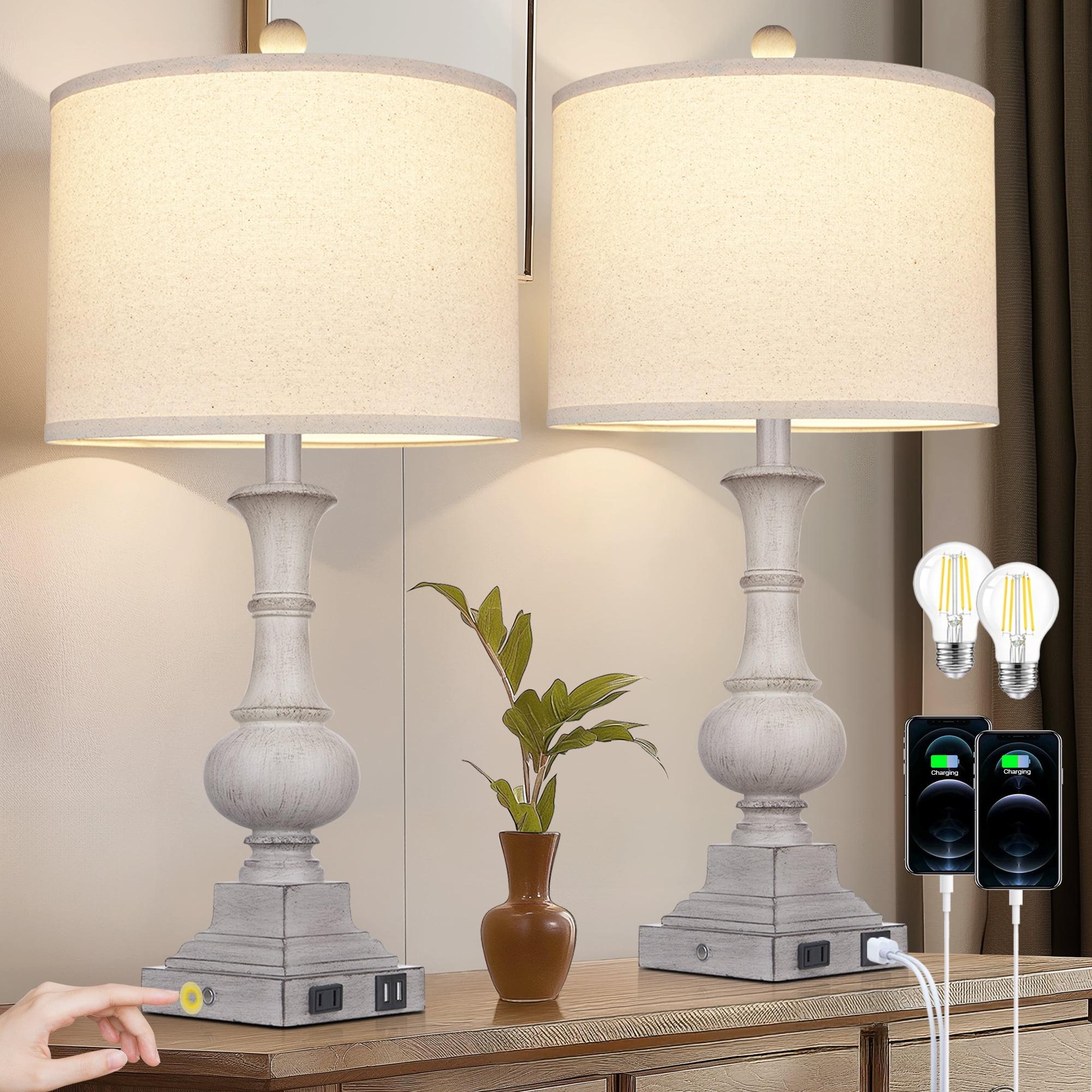 Gray Resin Touch Control Table Lamps with USB Ports and Beige Linen Shades, Set of 2