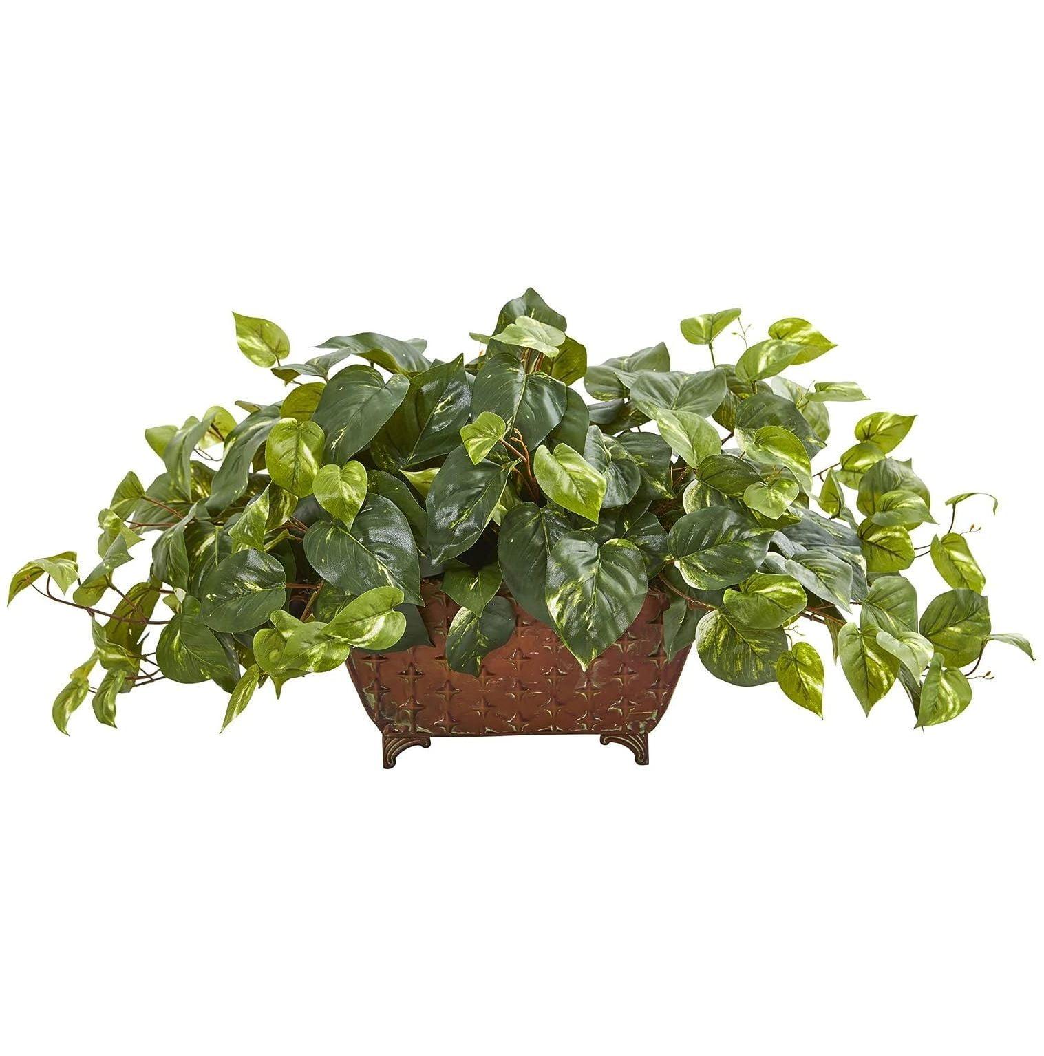 Lush Green Silk Pothos 18" Artificial Arrangement in Rustic Metal Planter