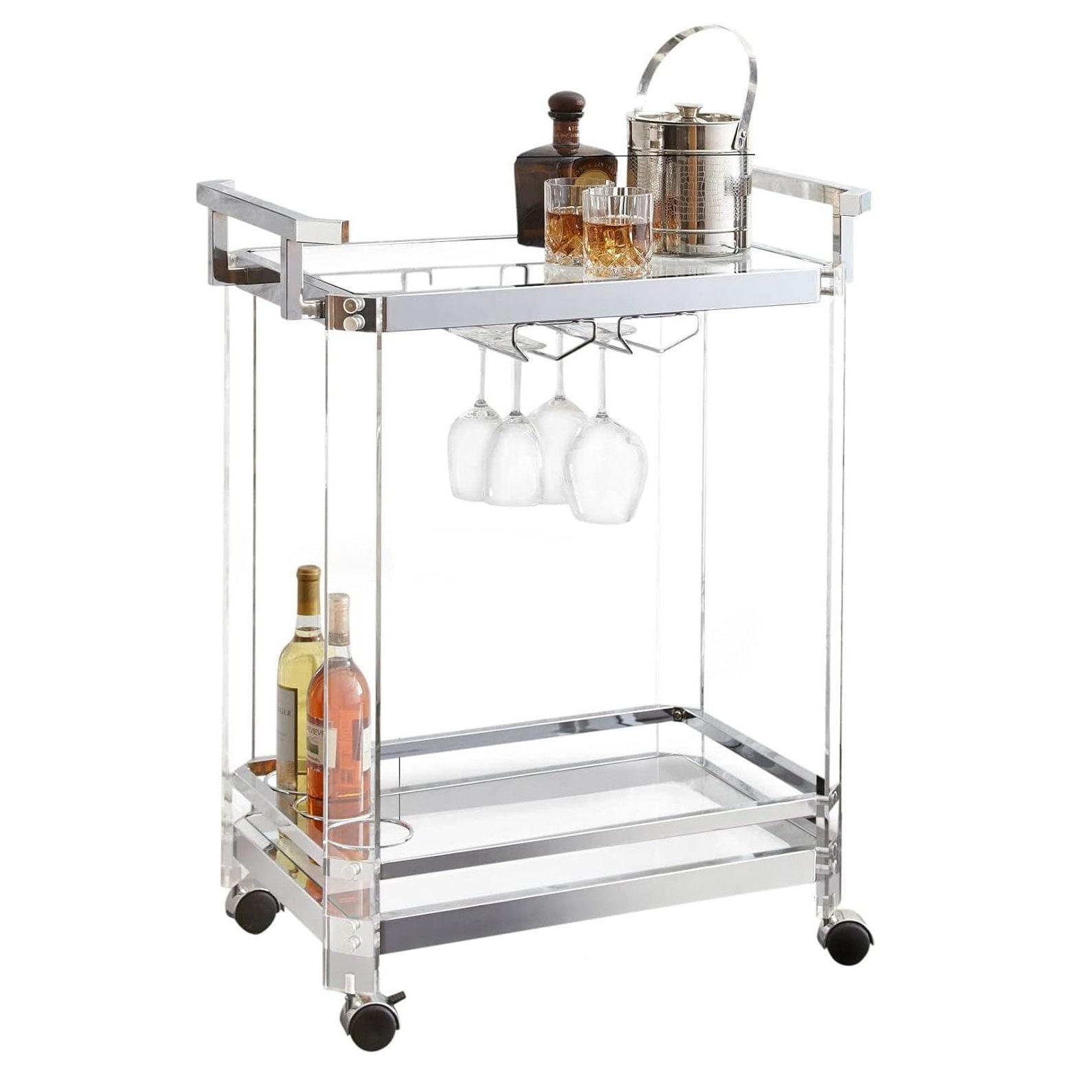 Aeron Modern Acrylic Serving Cart with Tempered Glass Shelves