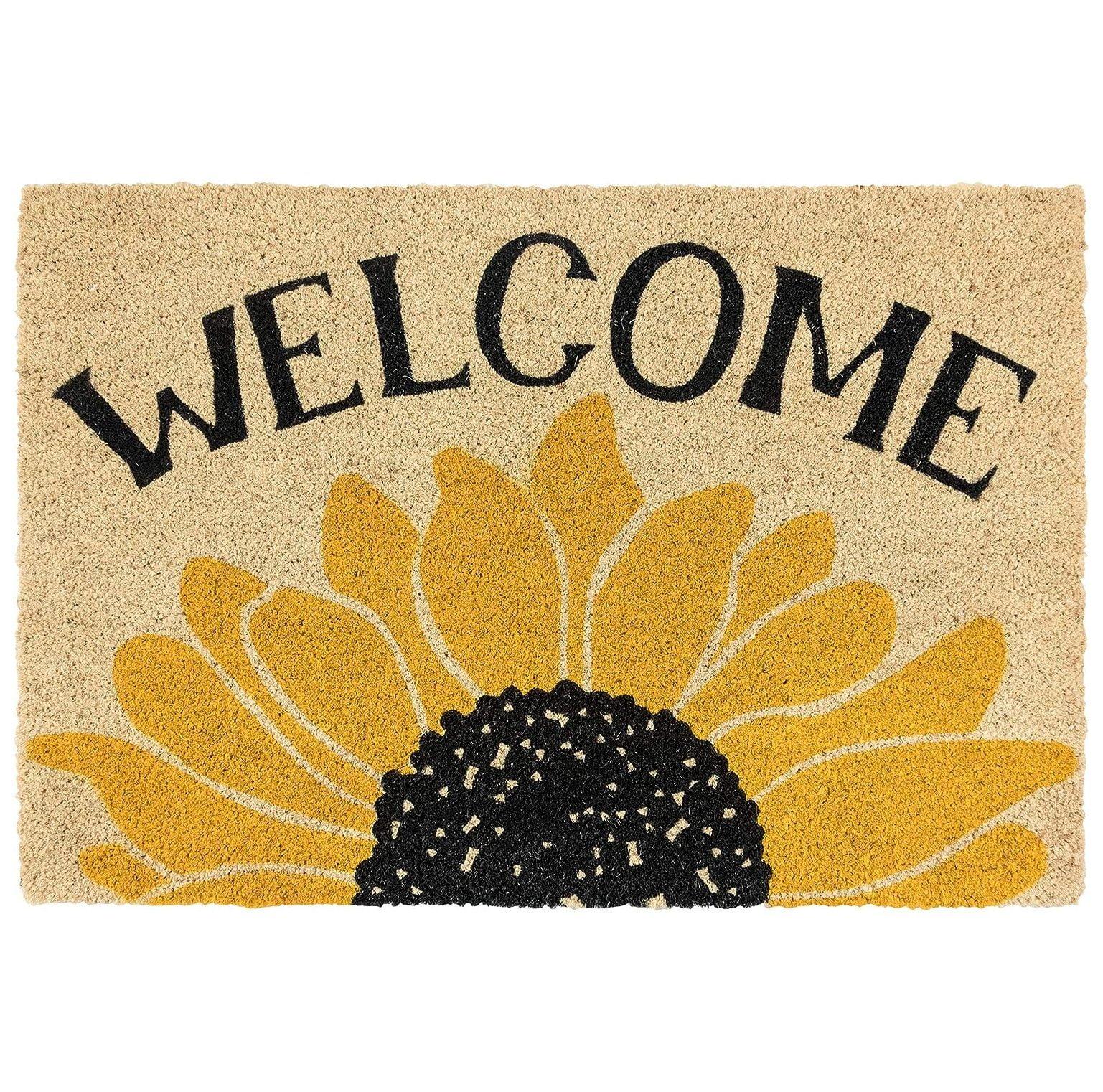 Contemporary Sunflower 36"x24" Black and Gold Coir Outdoor Doormat