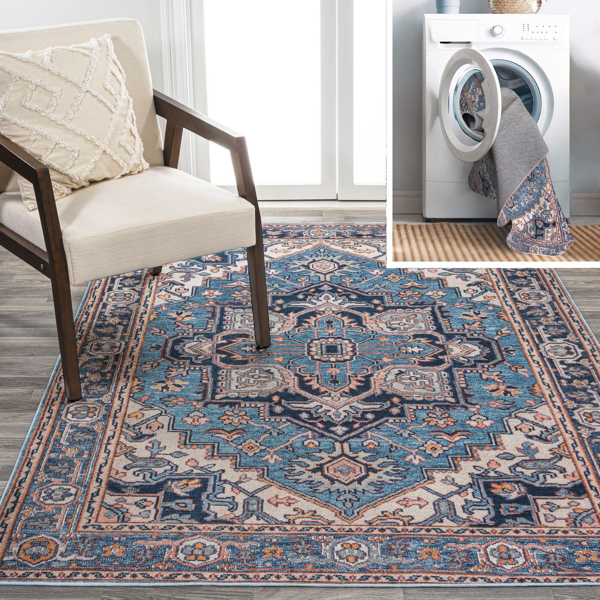 Cirali Blue and Beige Medallion Washable Area Rug