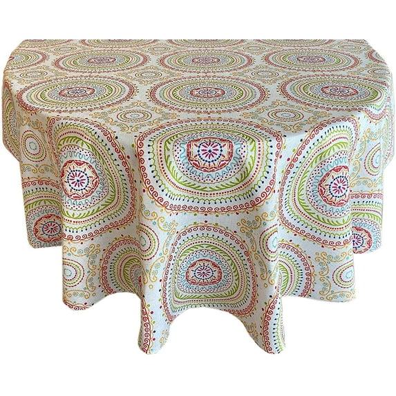 Newbridge 70 Inch Round Fabric Tablecloth, Coral and Green Circle Stitch, Indoor Outdoor No Iron Soil Resistant Dining Room, Party and Banquet Table Cover, Modern Boho Chic Print