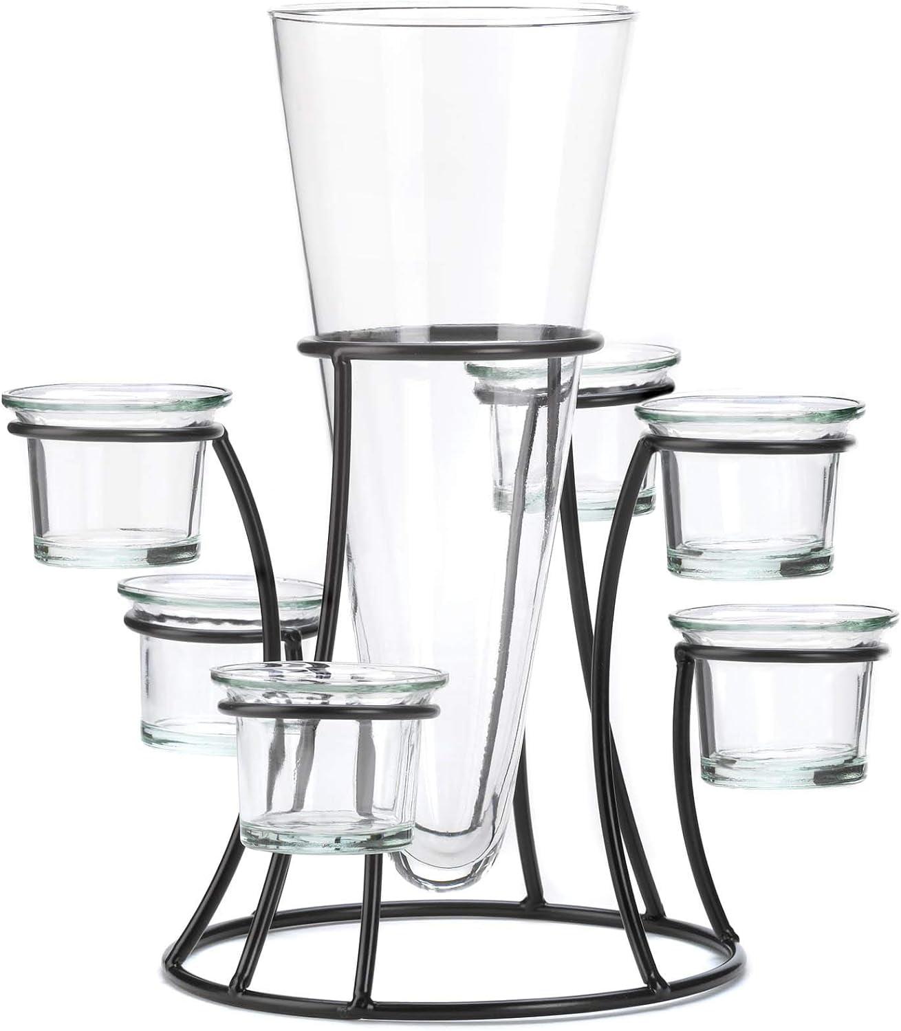 Black Metal Frame Tapered Glass Flower Vase Candle Holder Set