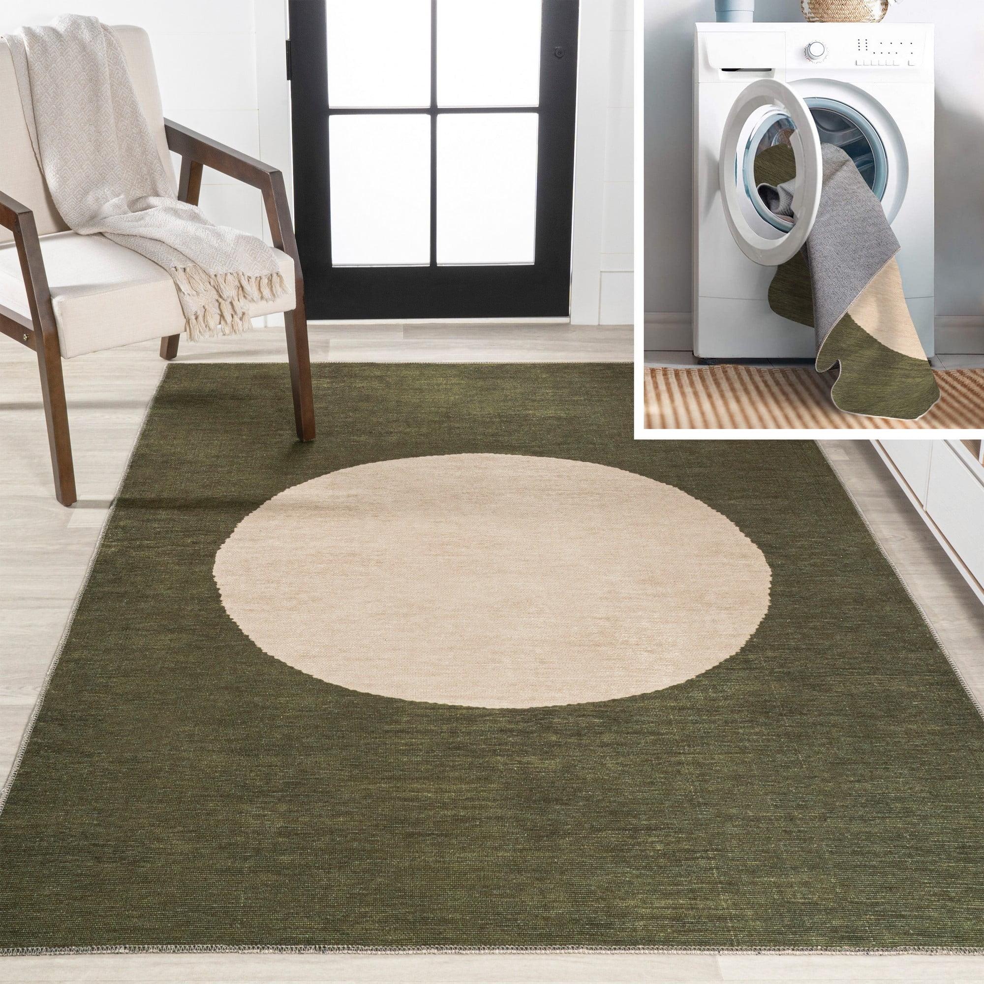 4' x 6' Cirkel Minimalist Geometric Dot Machine-Washable Area Rug, Olive/Cream - JONATHAN Y